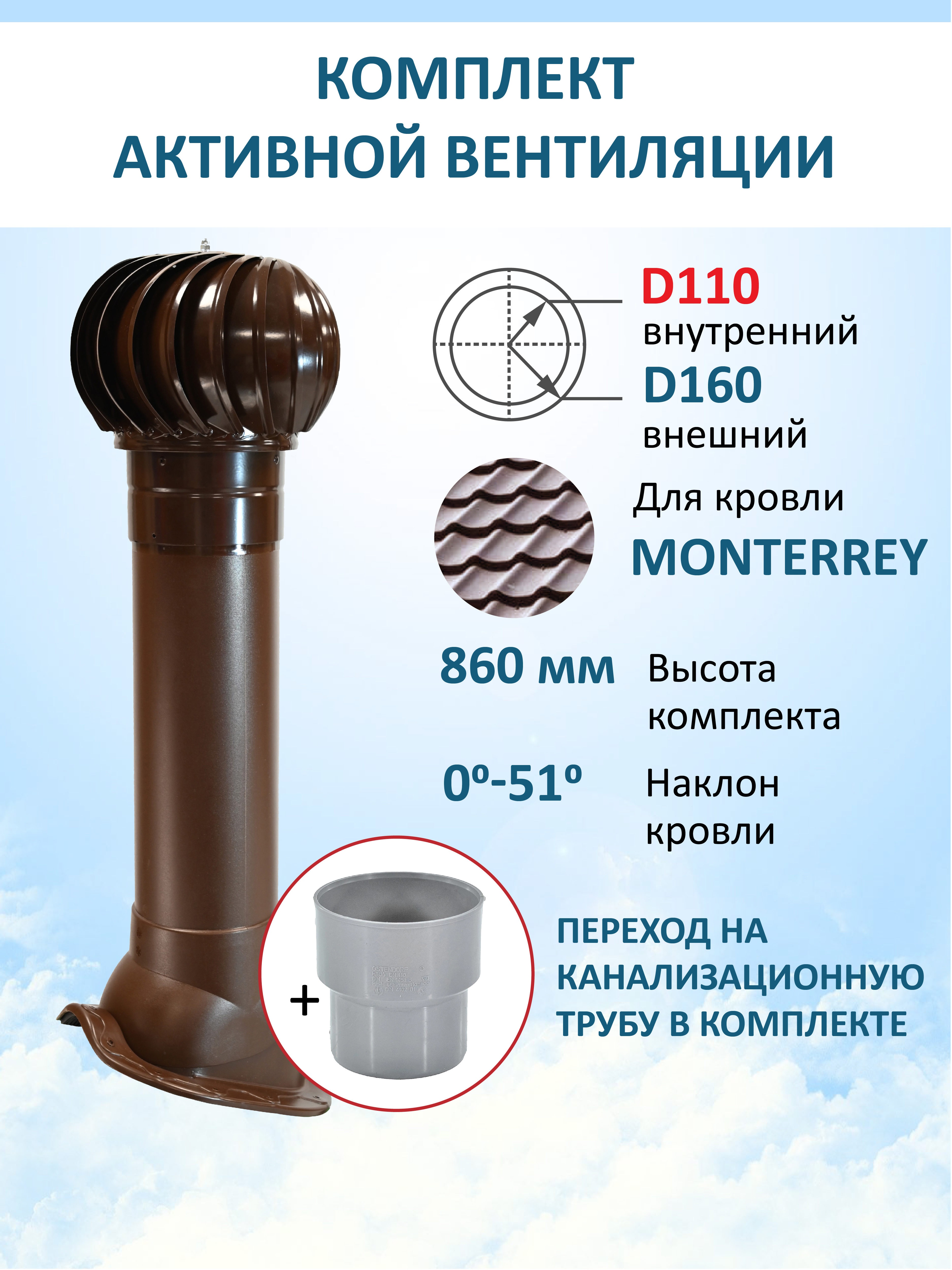 Изображение товара Турбодефлектор Polivent⌀160мм/Вентиляционный выход 700мм с переходом ⌀110мм для металлочерепицы Monterrey RAL 8017 коричневый