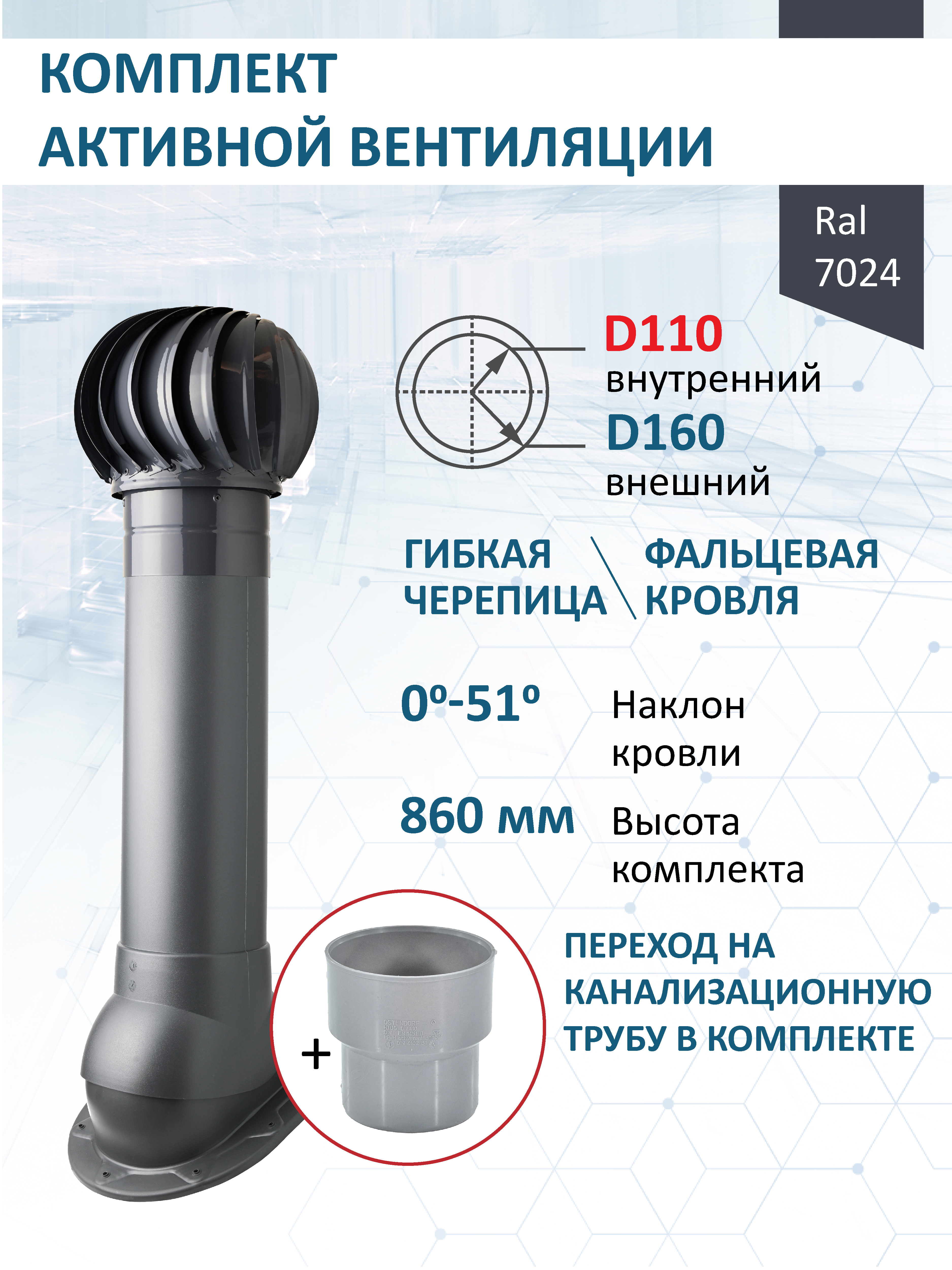 Изображение товара Комплект кровельной вентиляции POLIVENT с турбодефлектором и утепленным выходом Изображение товара Комплект кровельной вентиляции POLIVENT с турбодефлектором и утепленным выходом