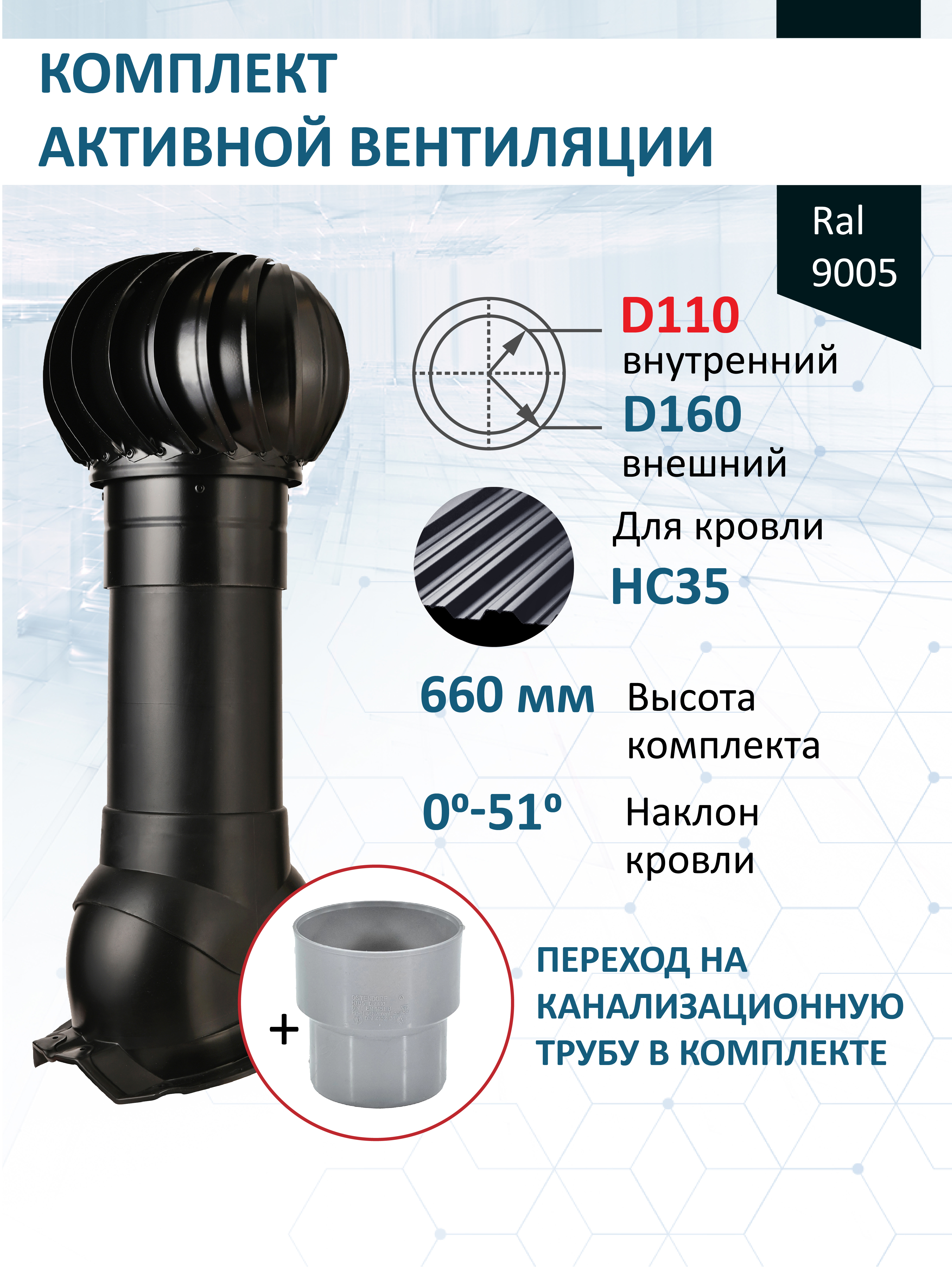 Изображение товара Турбодефлектор Polivent D160 для кровли, вентиляционный комплект Premium
