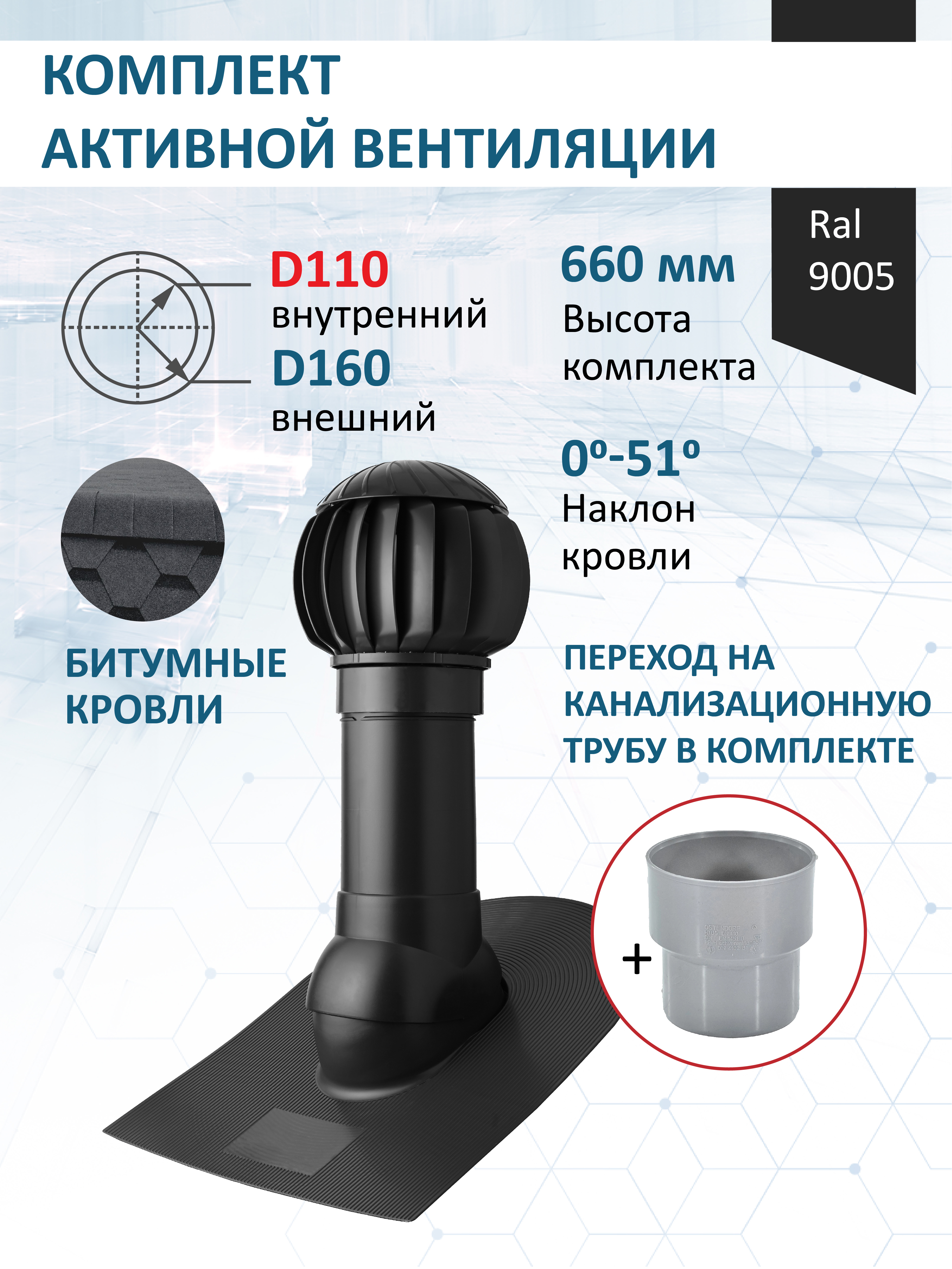Изображение товара Комплект кровельной вентиляции POLIVENT из ABS для битумной кровли D110