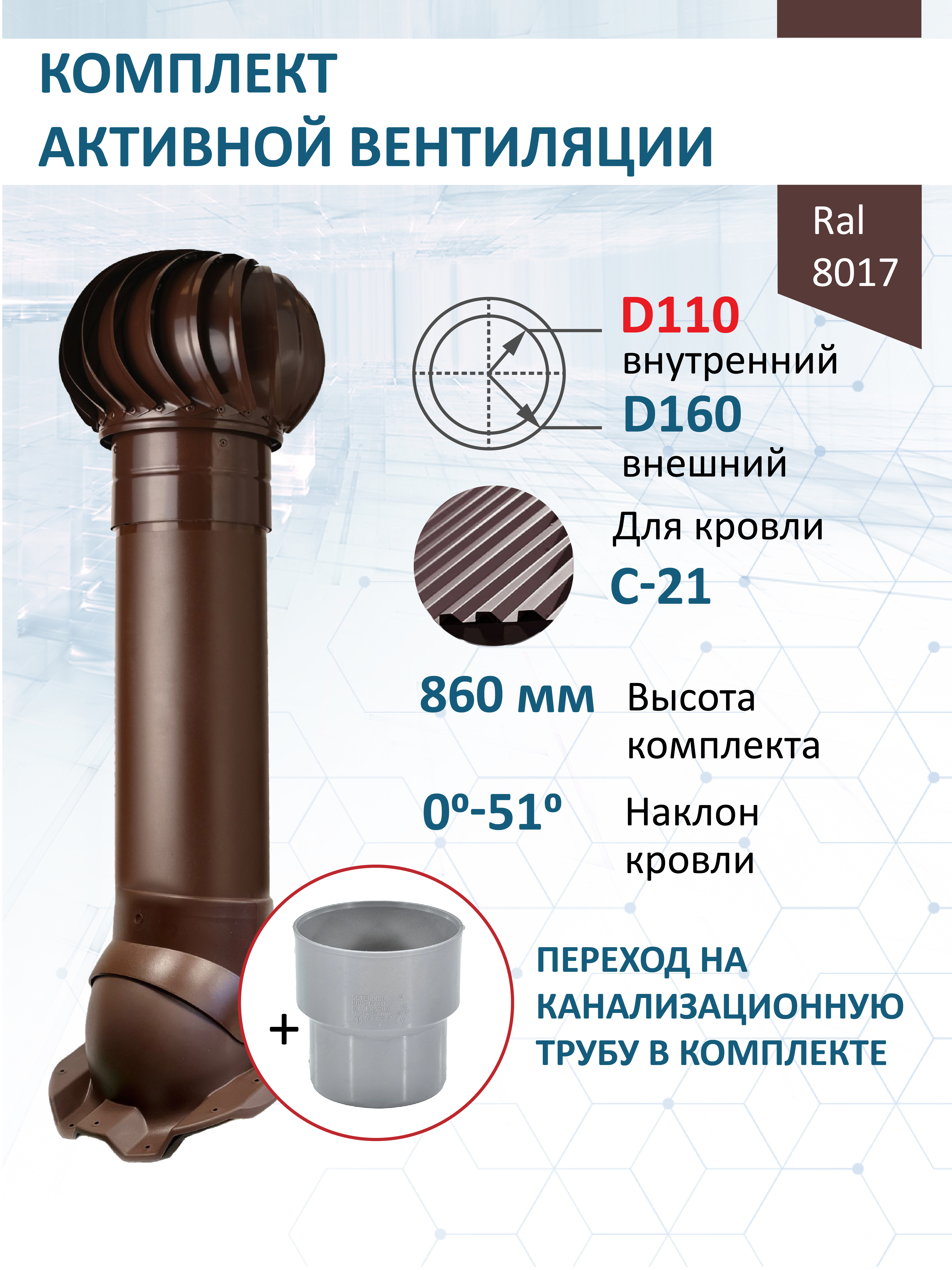 Изображение товара Комплект кровельной вентиляции Polivent с турбодефлектором D160 и утепленным выходом