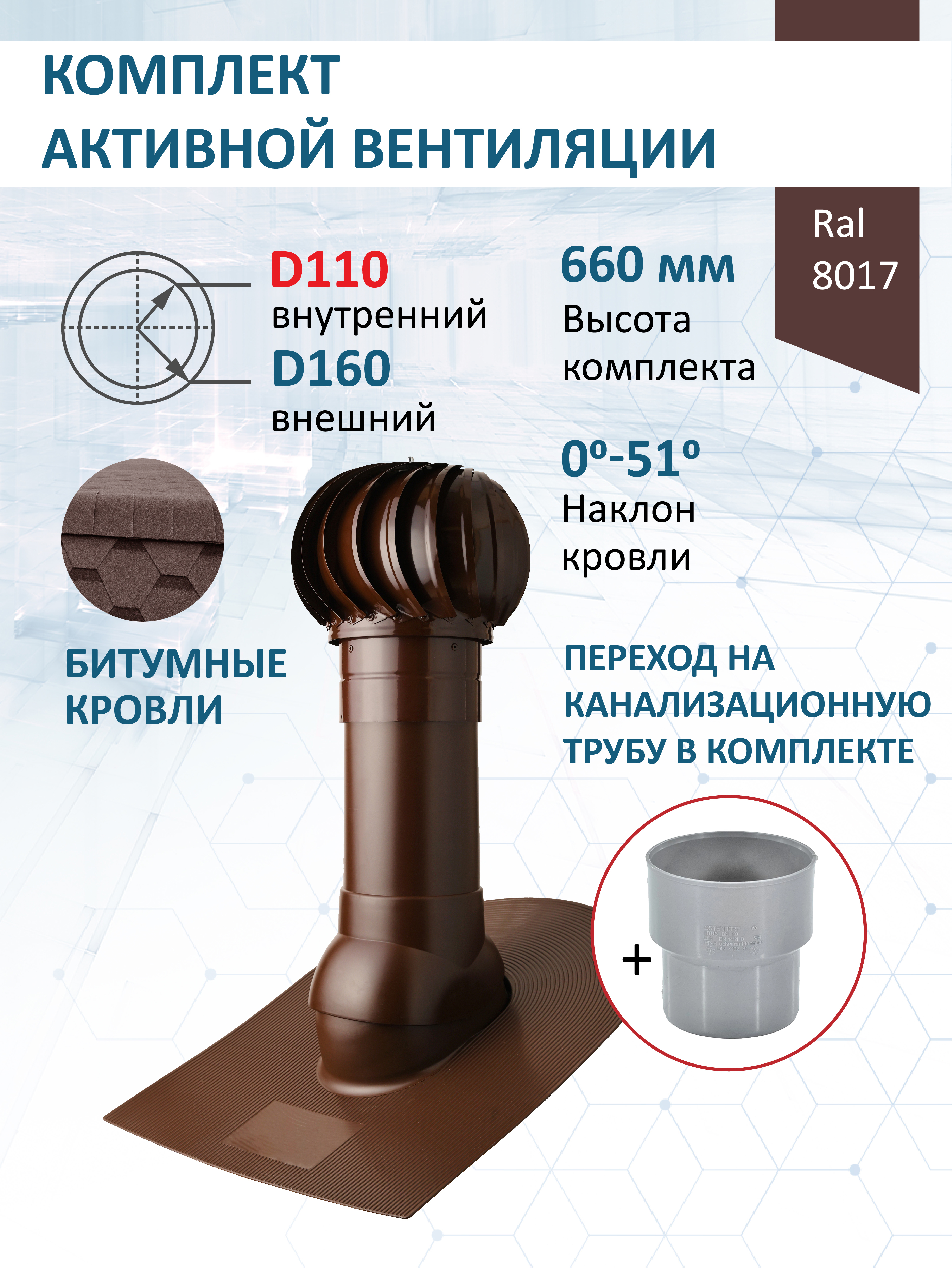 Изображение товара Комплект кровельной вентиляции Polivent (Турбодефлектор ⌀160мм/Вентиляционный выход ⌀110/160мм 500мм) для битумной кровли RAL 8017 коричневый