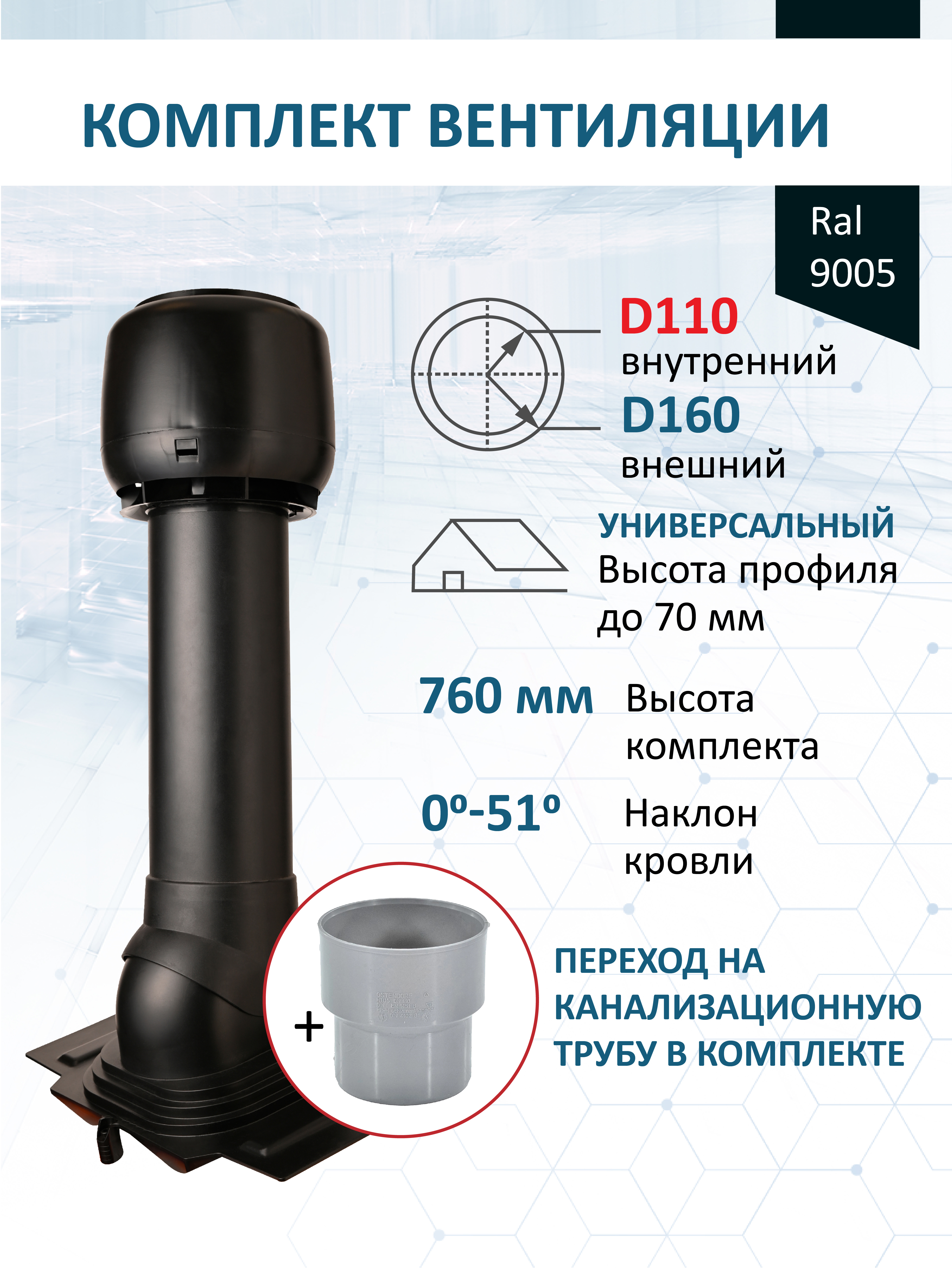 Изображение товара Комплект кровельной вентиляции POLIVENT D160 700 мм утепленный
