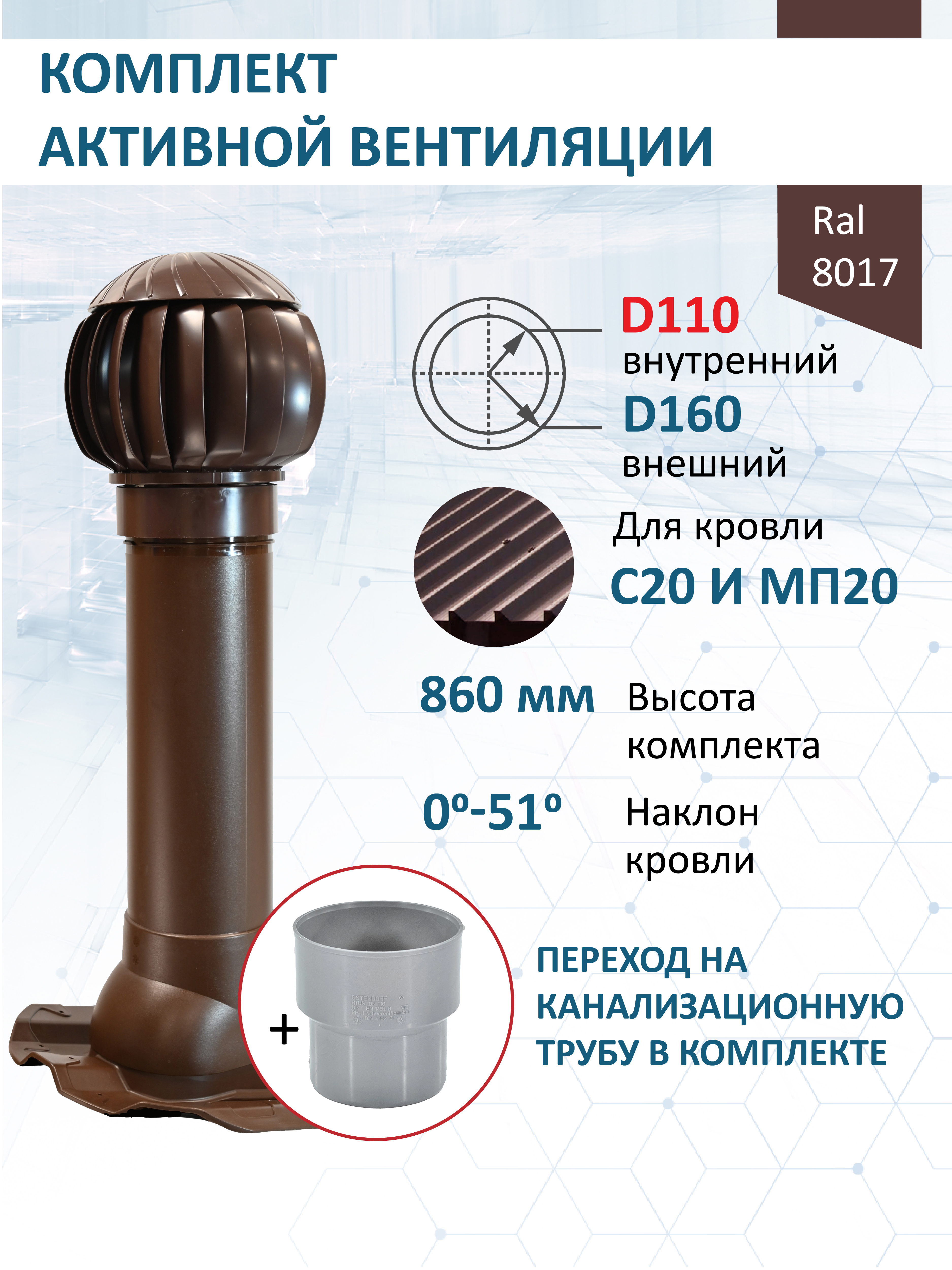 Изображение товара Нанодефлектор Polivent ⌀160мм/Вентиляционный выход ⌀110/160мм 700мм для кровельного профнастила 20мм RAL 8017 коричневый