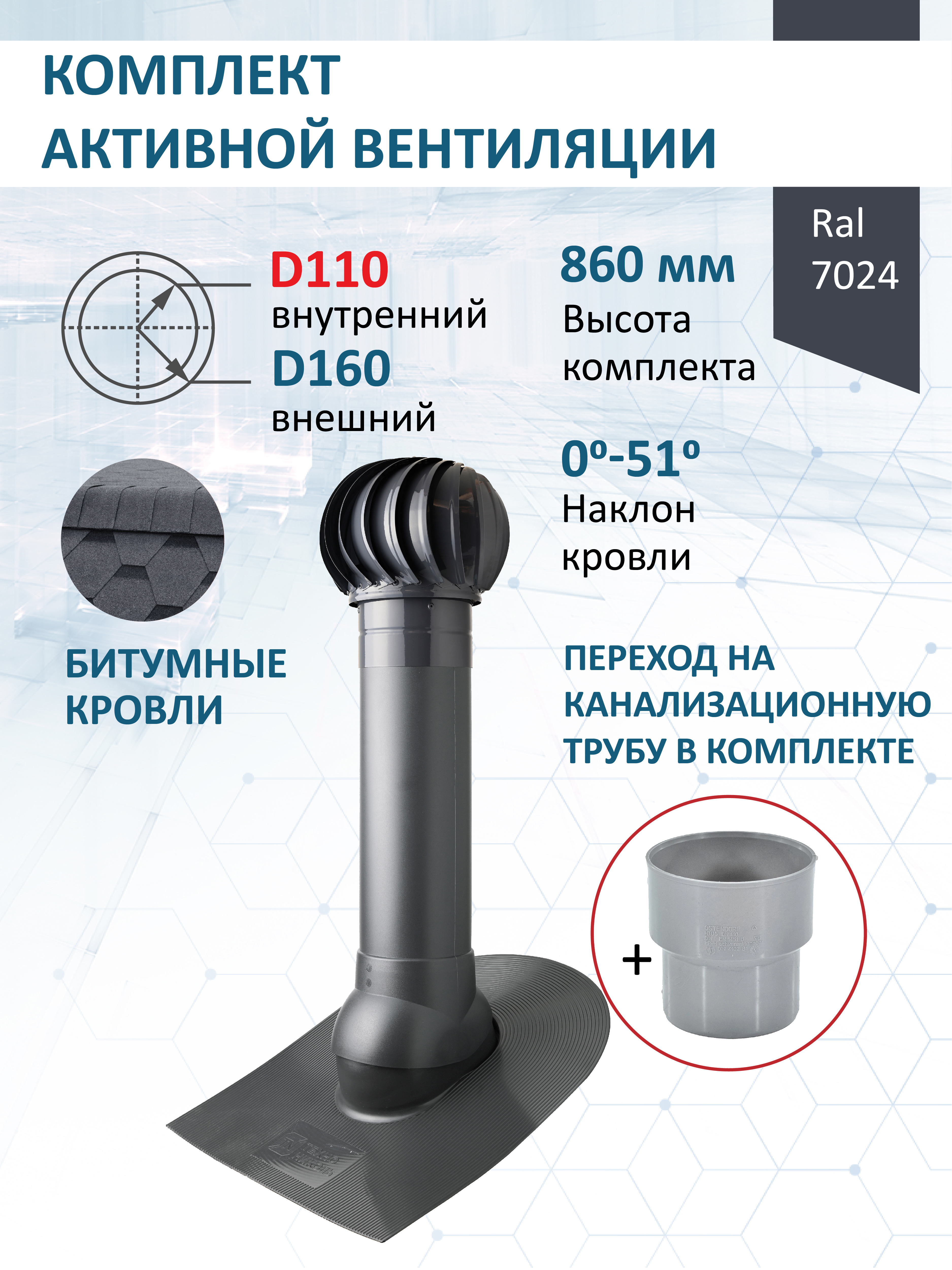 Изображение товара Комплект кровельной вентиляции POLIVENT TD160 с турбодефлектором и переходами для битумной кровли Изображение товара Комплект кровельной вентиляции POLIVENT TD160 с турбодефлектором и переходами для битумной кровли