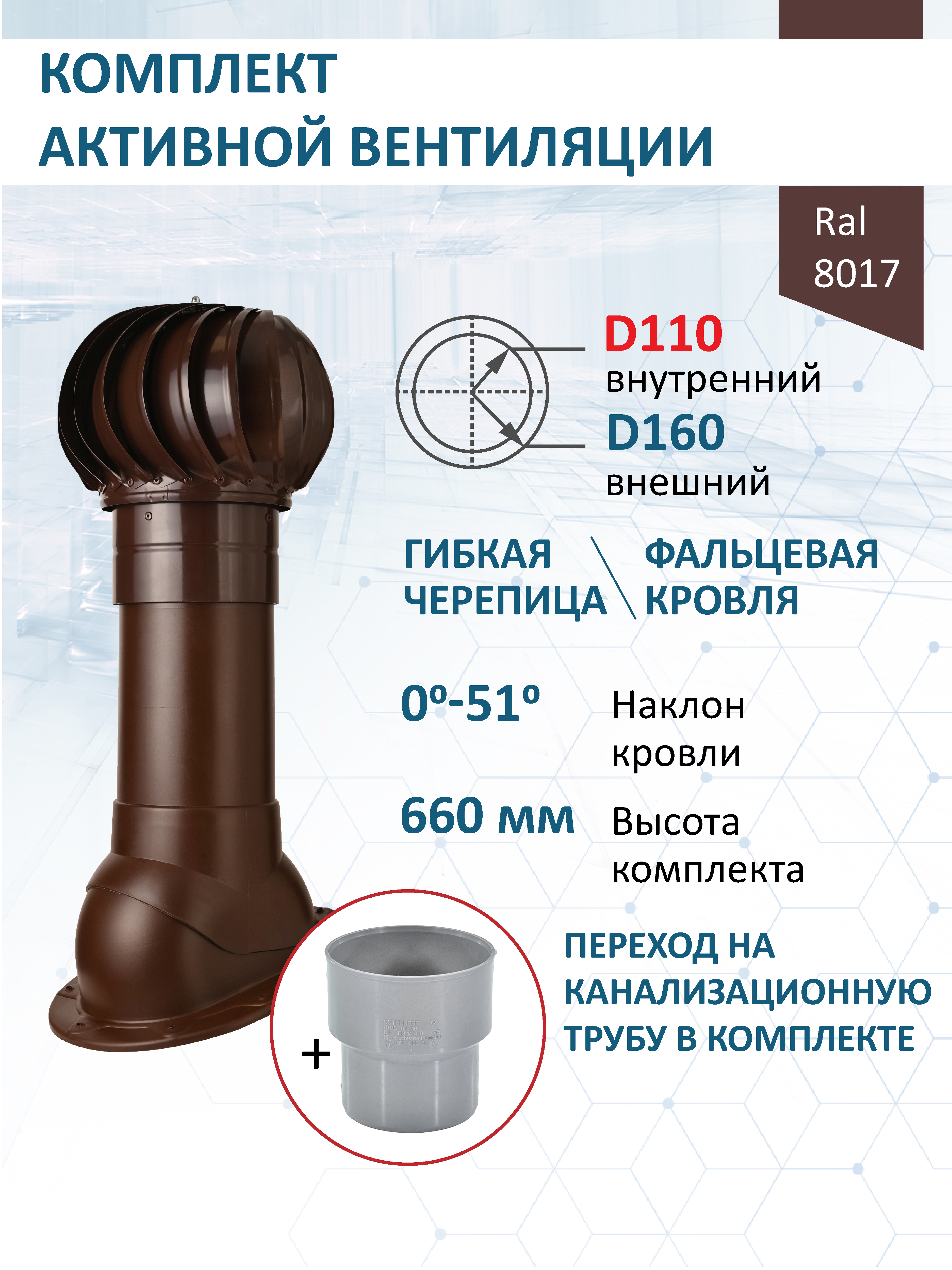 Изображение товара Комплект кровельной вентиляции Polivent (Турбодефлектор ⌀160мм/Вентиляционный выход ⌀110/160мм 500мм) для скатной кровли RAL 8017 коричневый