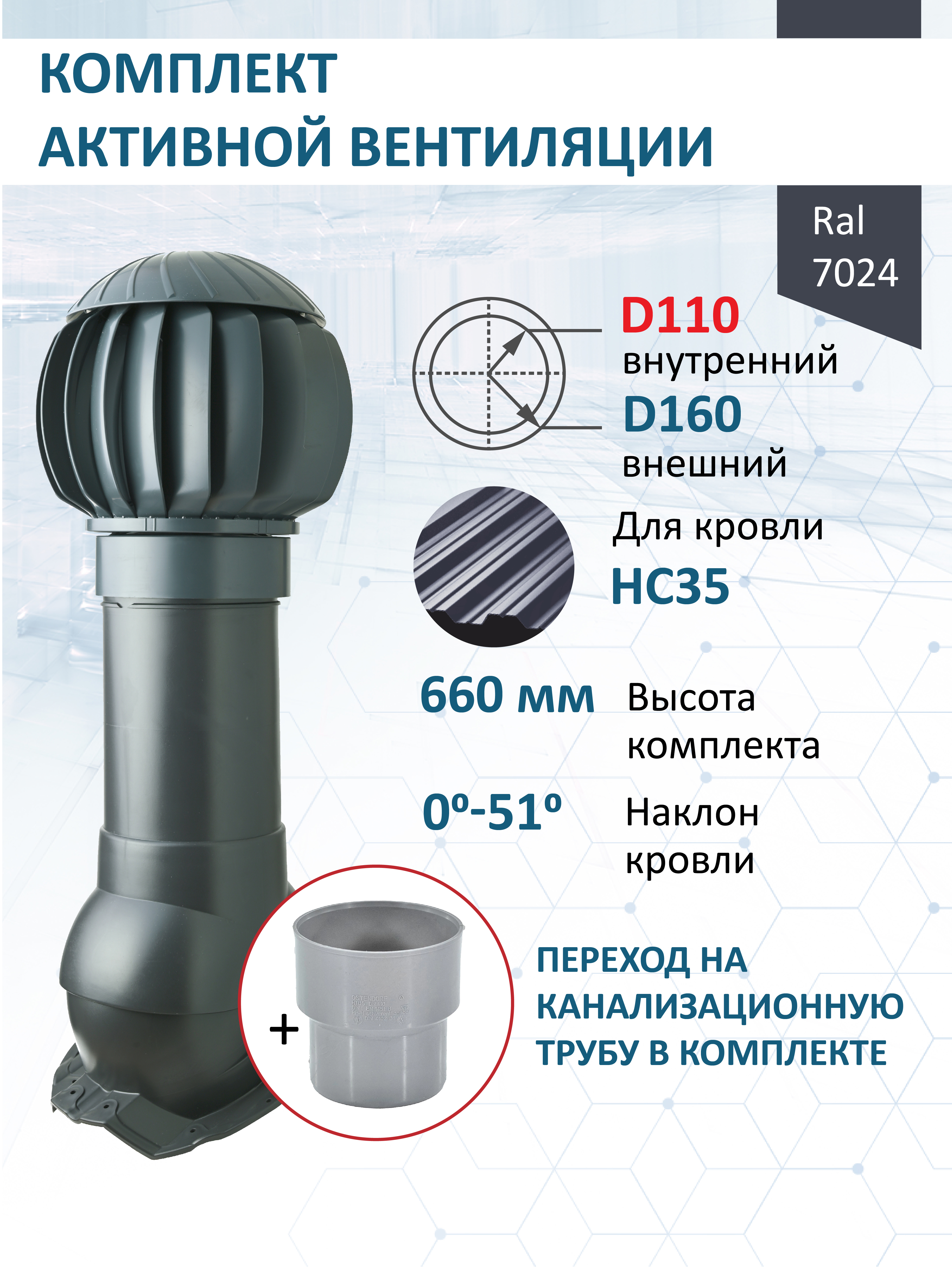 Изображение товара Нанодефлектор Polivent ⌀160мм/Вентиляционный выход ⌀110/160мм 500мм для кровельного профнастила 35мм RAL 7024 серый графит
