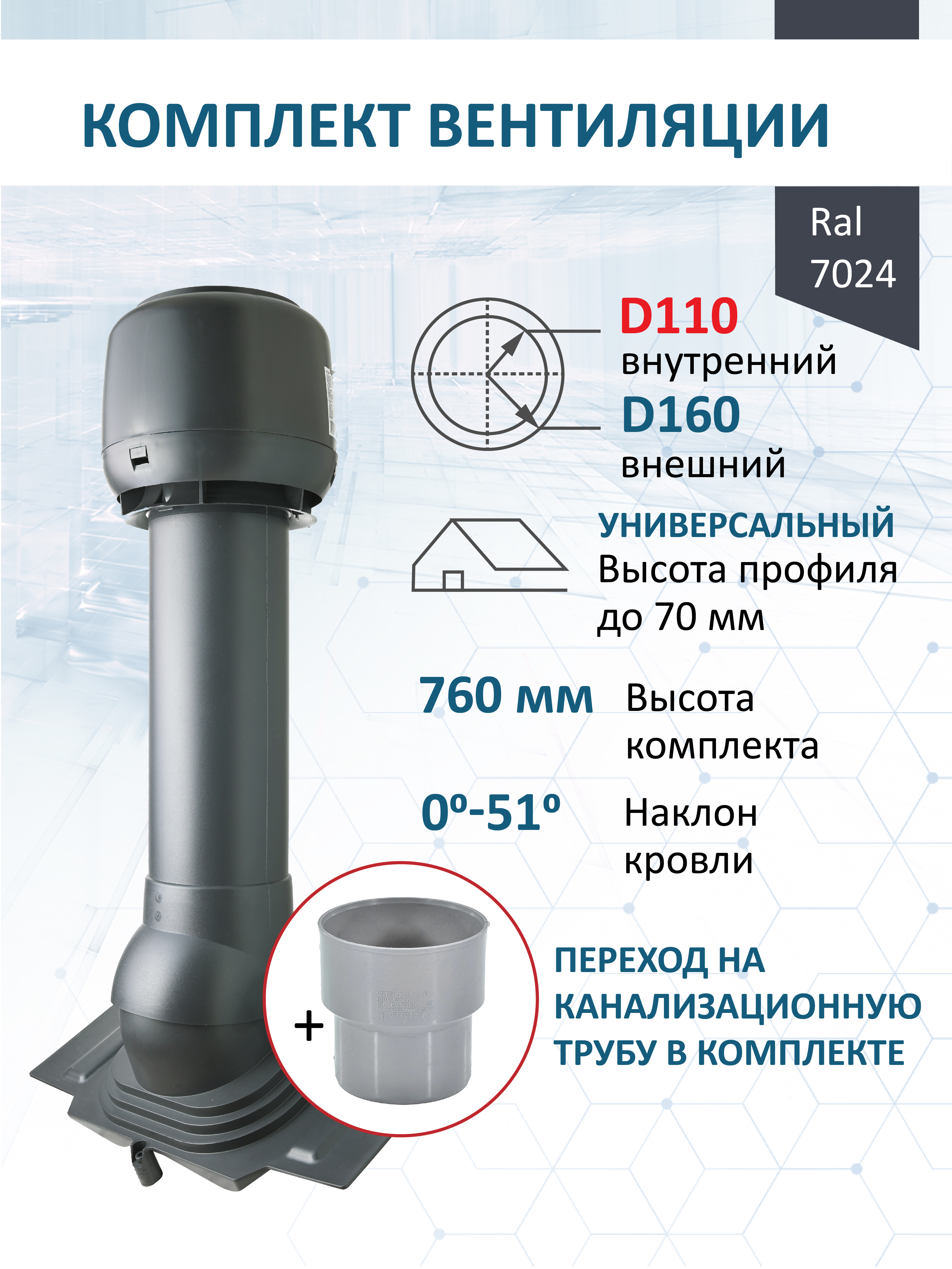 Изображение товара Комплект кровельной вентиляции Polivent (Колпак ⌀160мм/Вентиляционный выход ⌀110/160мм 700мм/Проходной элемент) универсальный RAL 7024 серый графит