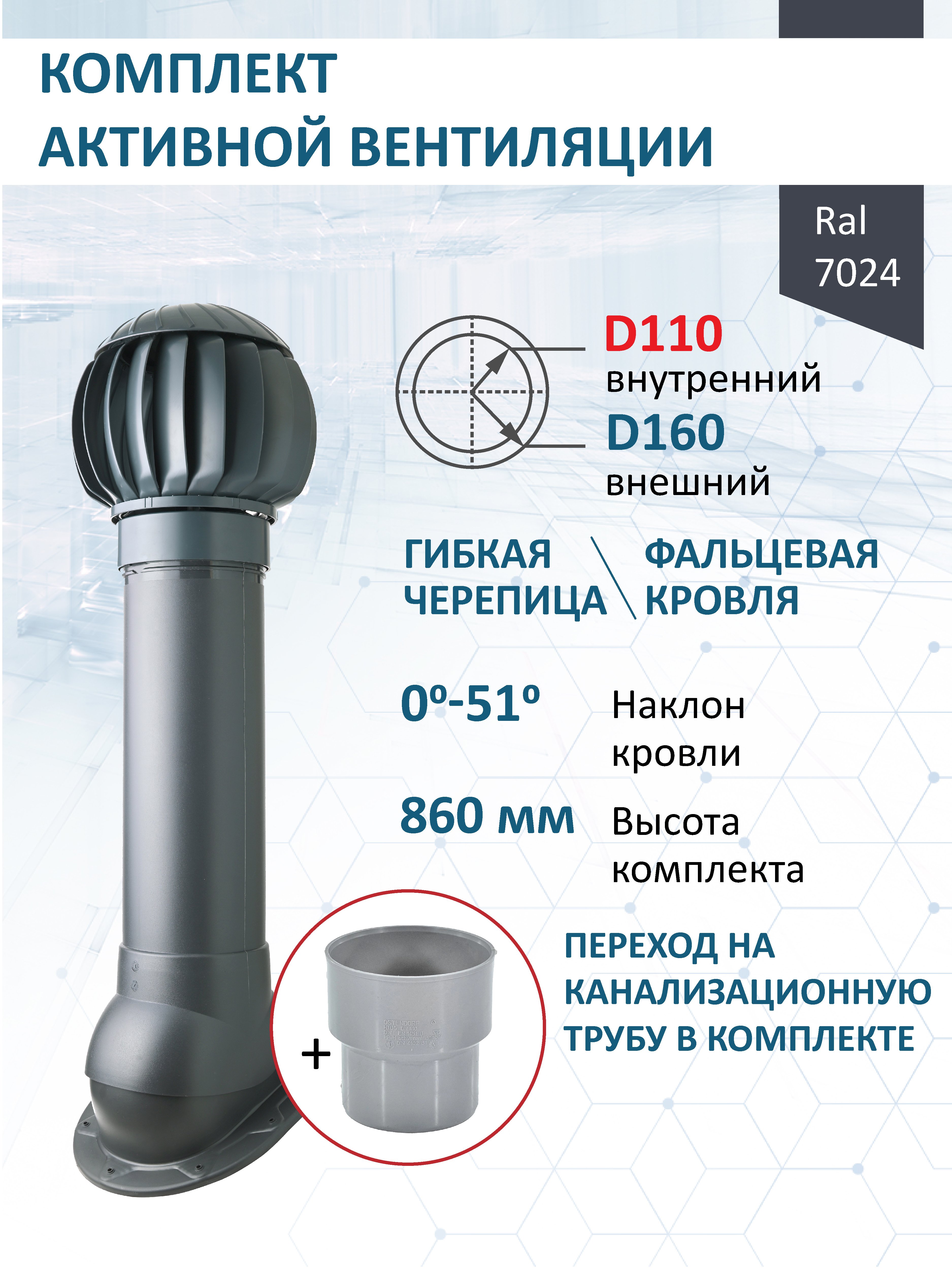 Изображение товара Комплект кровельной вентиляции Polivent ND160 для скатных крыш с утепленным выходом