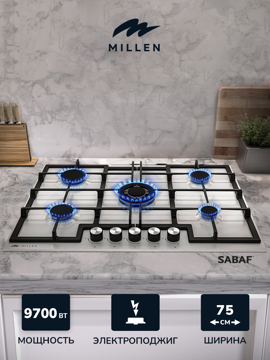 Изображение товара Газовая варочная панель Millen MIFE300007 74 см 5 конфорок цвет Белый