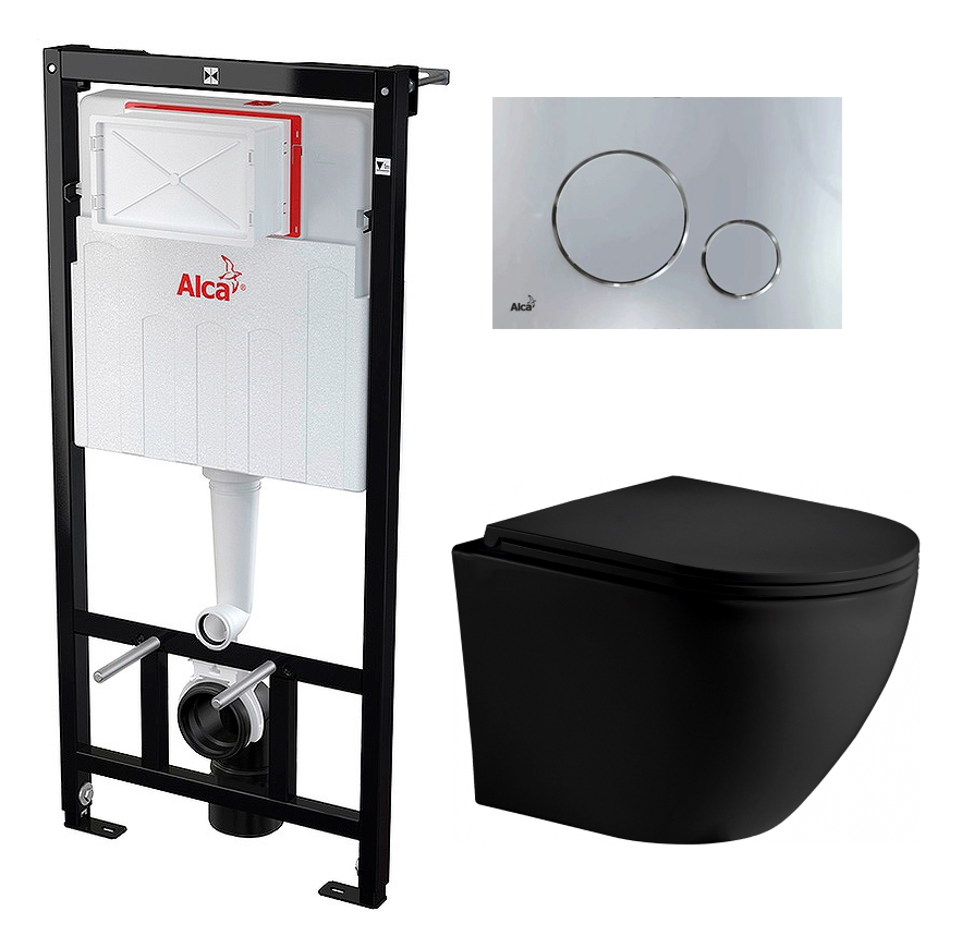 Изображение товара Комплект 3 в 1 инсталляция AlcaPlast с унитазом подвесным Weltwasser Merzbach 043 MT-BL кнопка хром