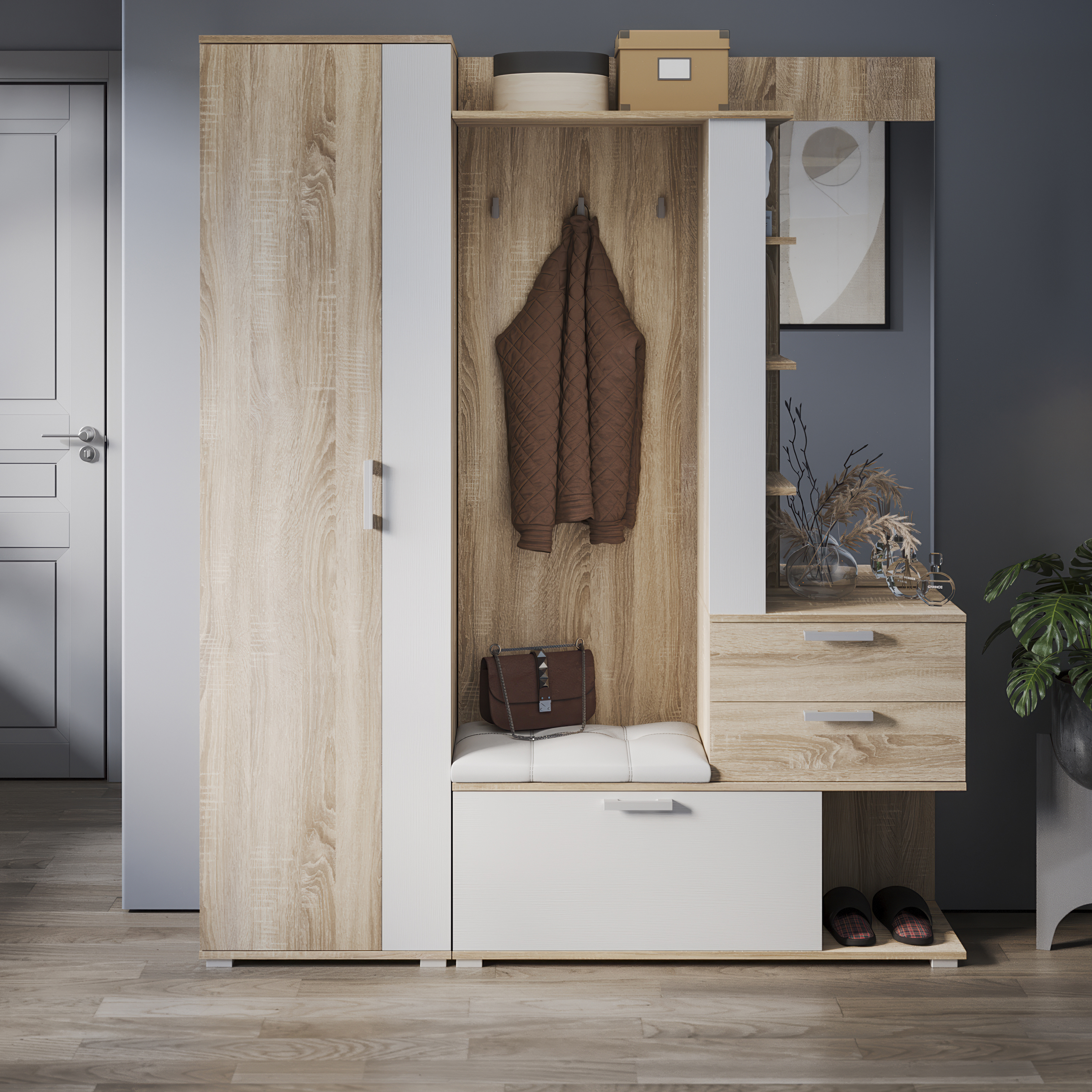 Изображение товара Комплект мебели для прихожей Трия Эрика 164x200x36 см из ЛДСП цвет дуб сонома/белый