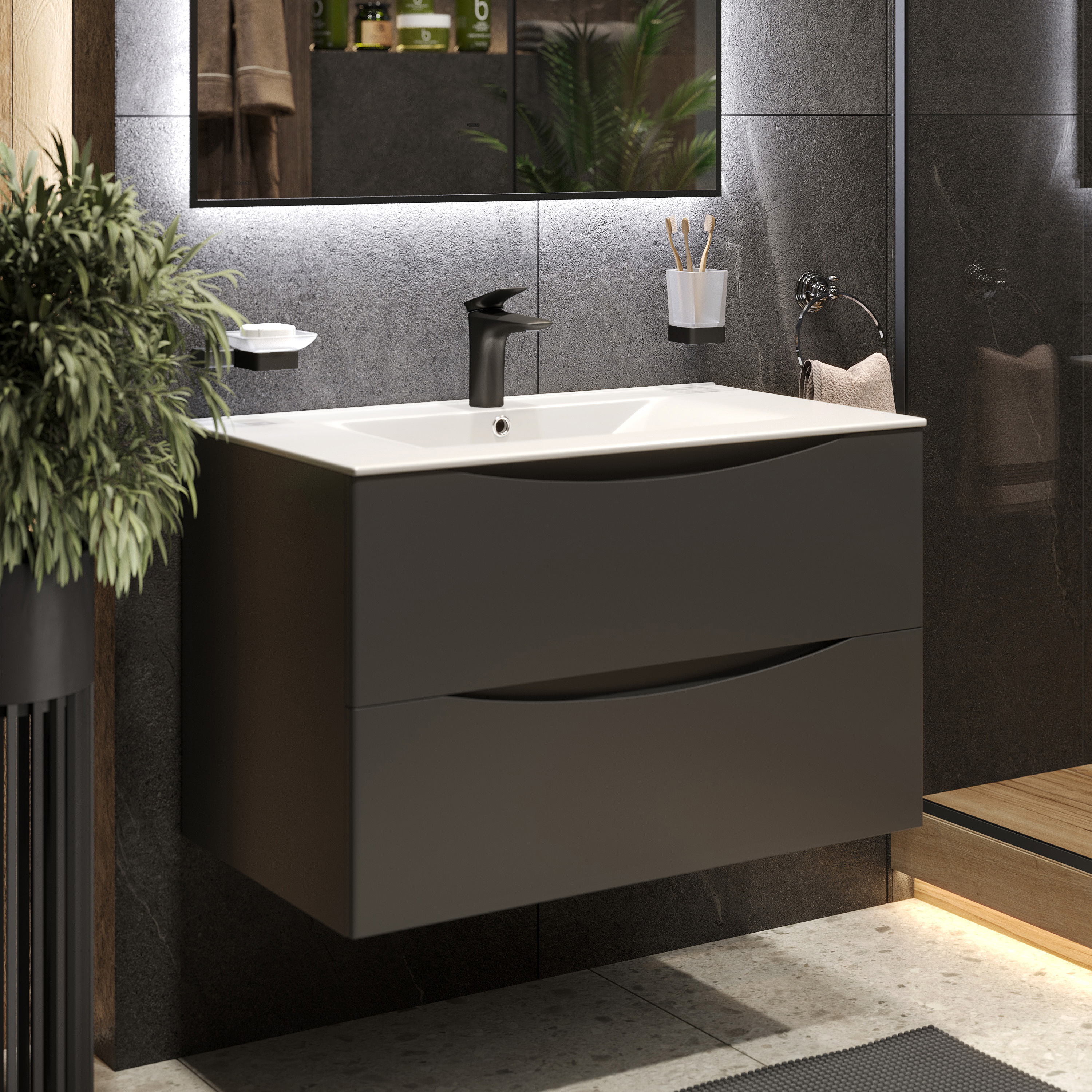 Изображение товара Тумба подвесная для ванны BOND Square с раковиной 80 см графит матовая