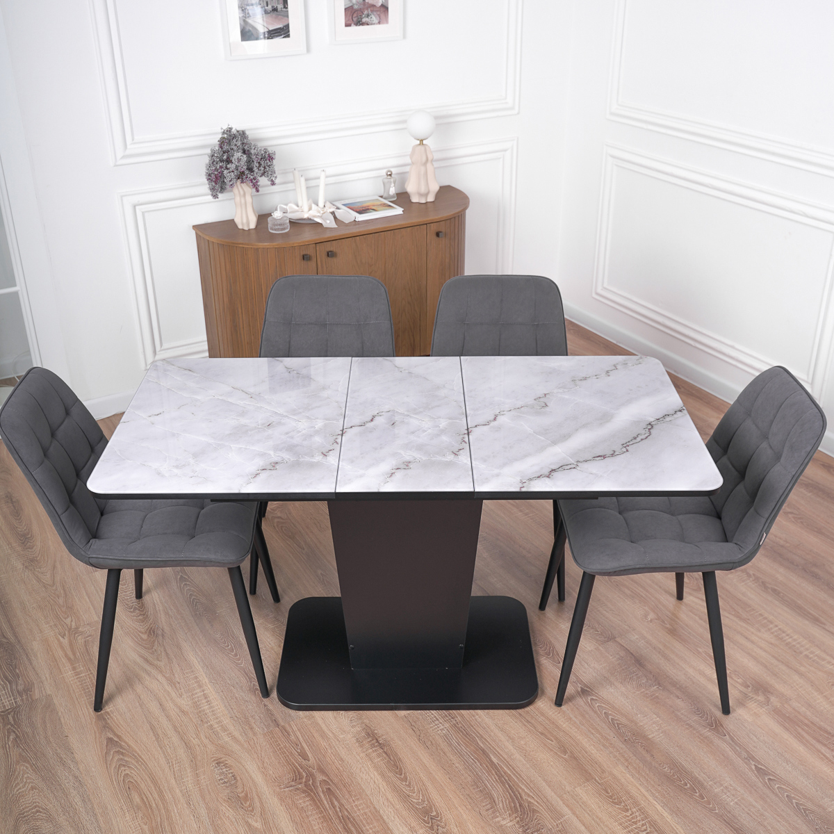 Изображение товара Кухонный стол прямоугольный Frenesie 110x70 см стекло цвет серый мрамор, черный