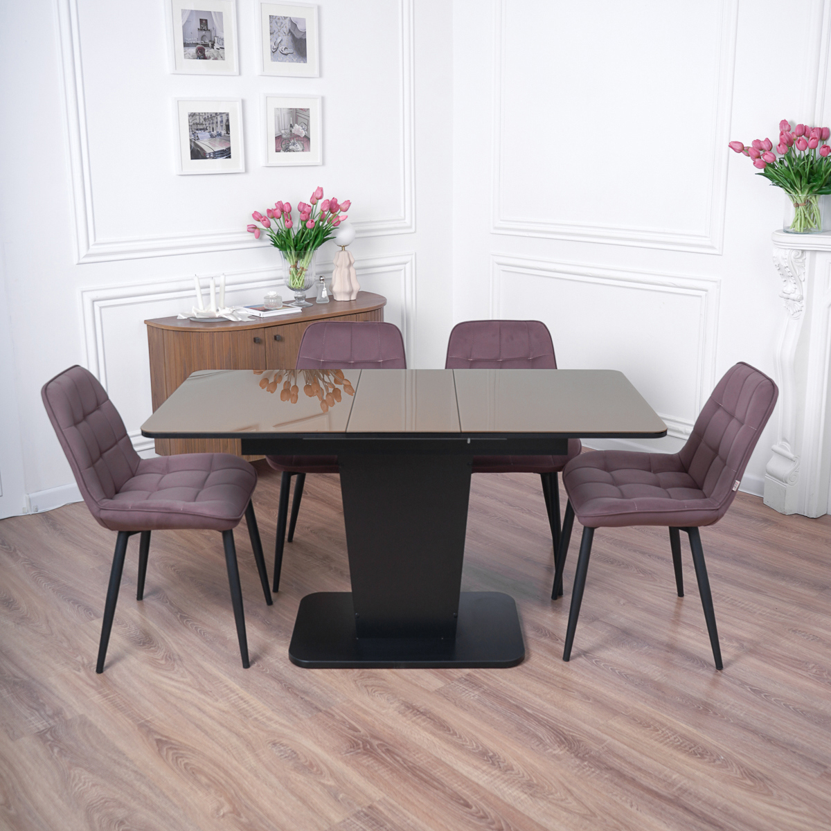 Изображение товара Кухонный раздвижной стол Frenesie 110x70 см стекло цвет капучино и черный