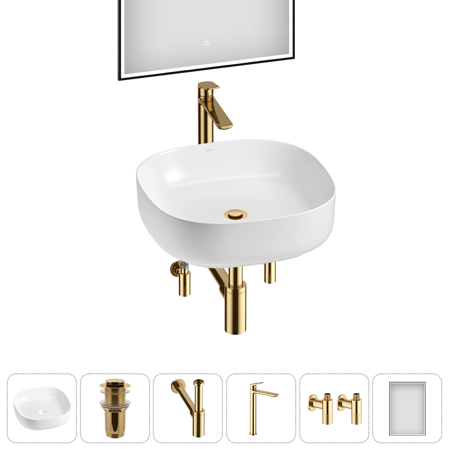 Изображение товара Раковина Wellsee Belle Spa 3.0 45 см белая комплект 6 в 1 зеркало и смеситель