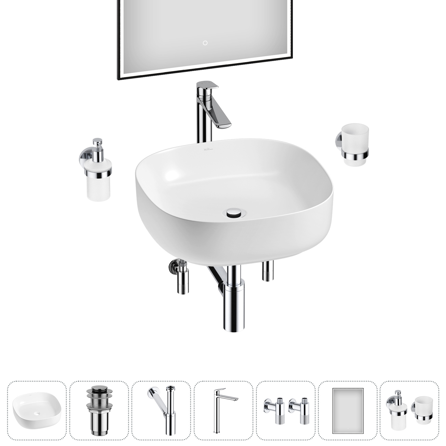 Изображение товара Раковина Wellsee Belle Spa 3.0 45 см комплект 7 в 1 с зеркалом и аксессуарами
