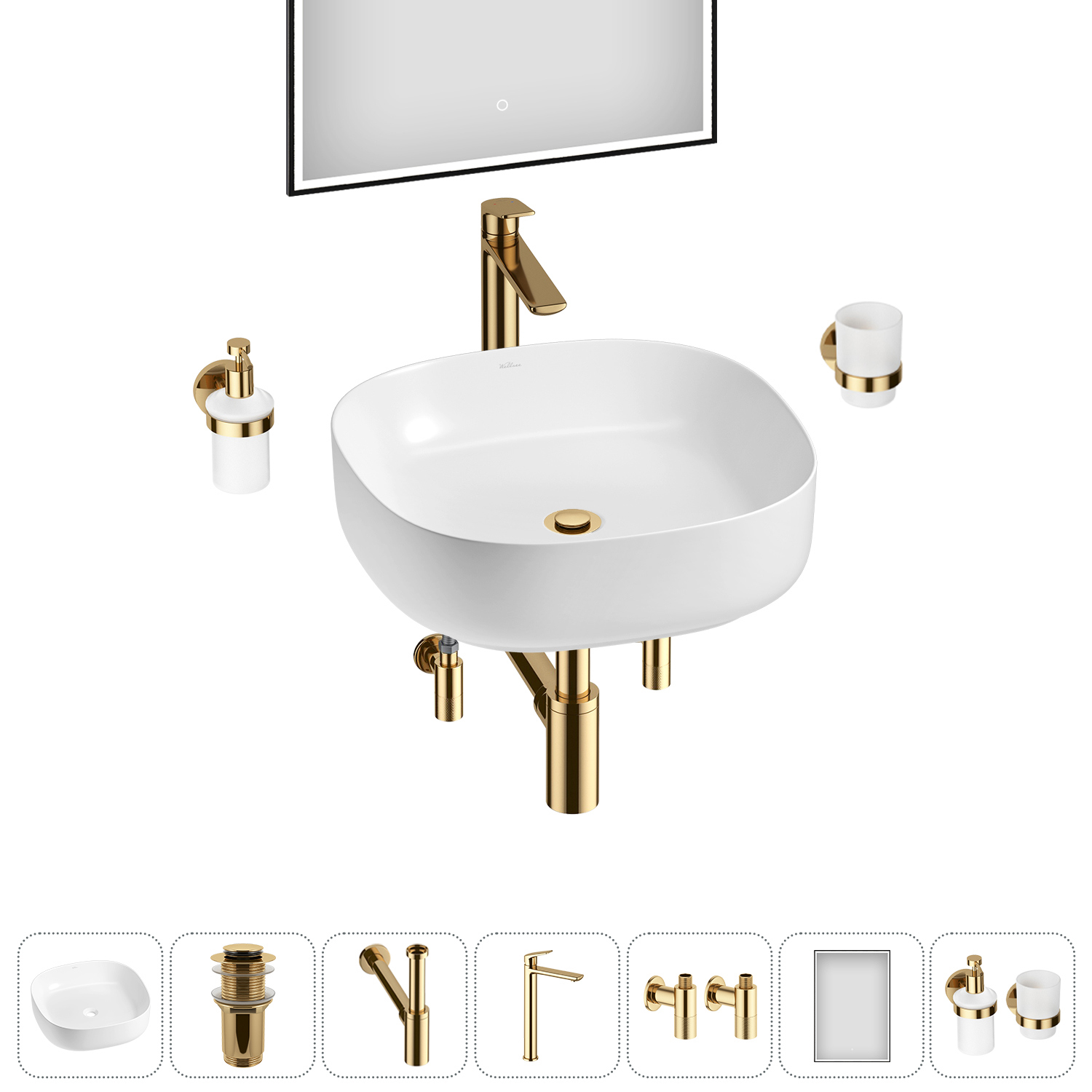 Изображение товара Раковина Wellsee belle spa 3.0 20218509R 45см цвет раковина 7 в 1: д/к, сифон, смеситель, вентили, зеркало, аксессуары
