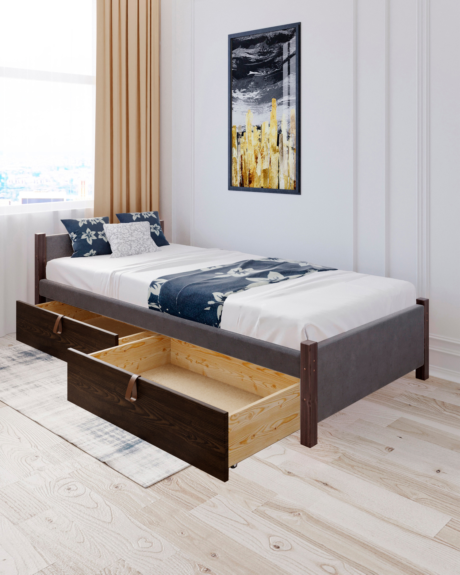Изображение товара Кровать Solarius Классика 90x63x200 см из массива с ящиками и велюровой обивкой