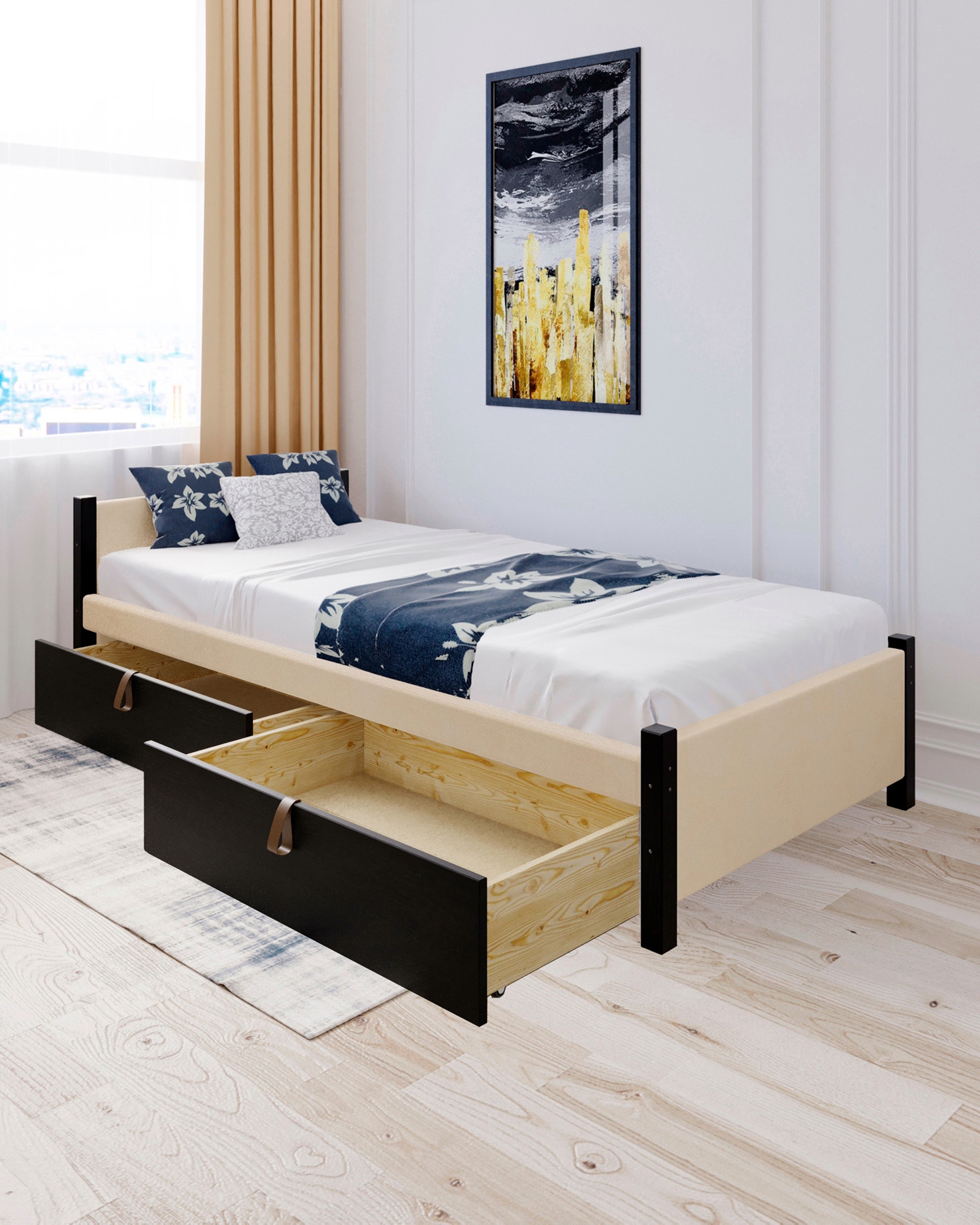 Изображение товара Кровать Solarius Классика 90x63x210 см из массива сосны с ящиками и велюровой обивкой