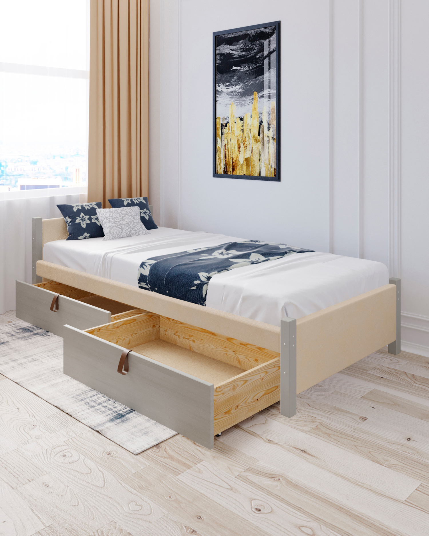 Изображение товара Кровать Solarius Классика 90x63x210 см из массива сосны с ящиками и велюровой обивкой
