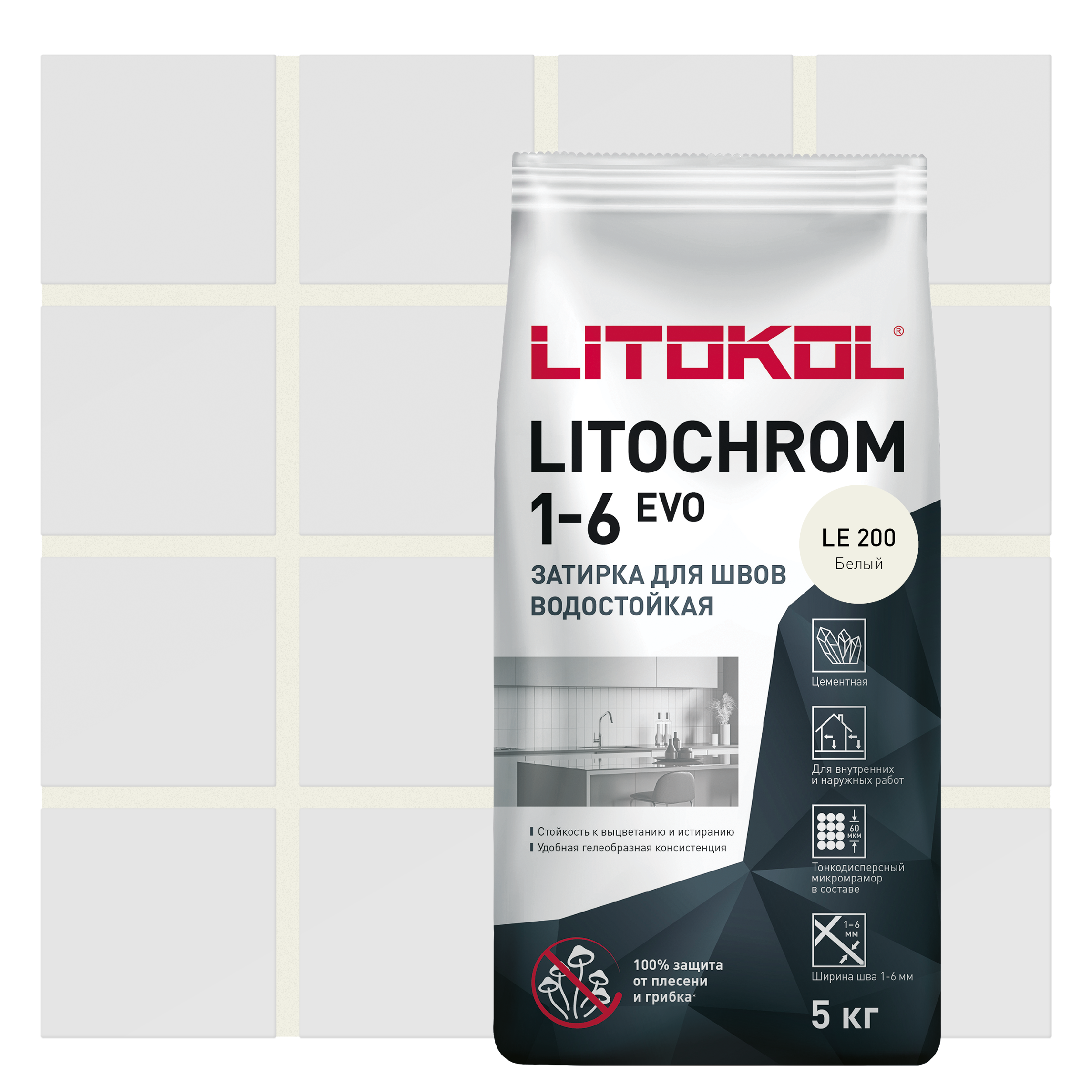 Изображение товара Затирка цементная Litokol Litochrom 1-6 Evo цвет LE 200 белая 5 кг
