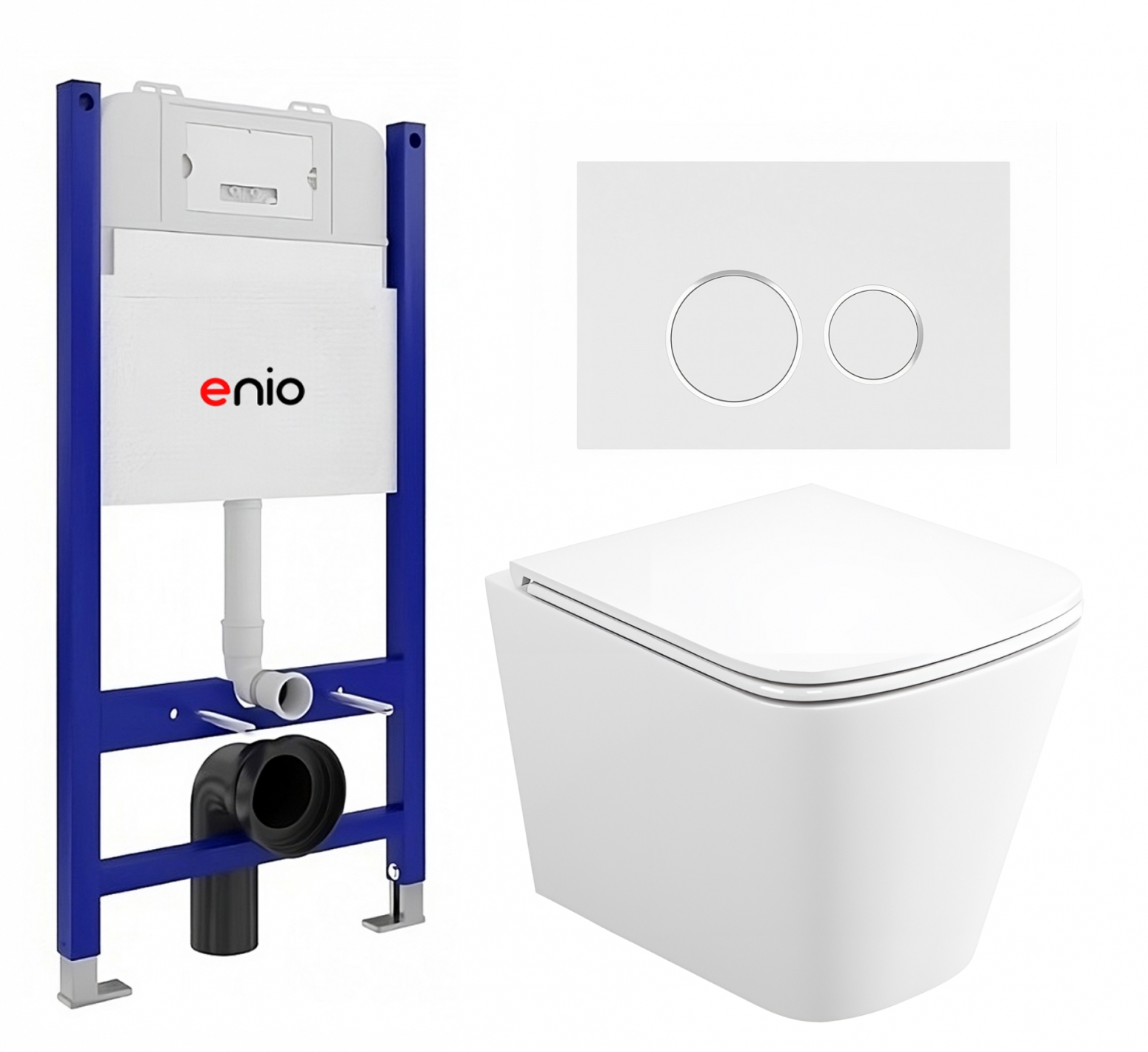 Изображение товара Комплект 3 в 1 инсталляция Enio Tecnico 50 612356 EN8050050 унитаз подвесной Binario EN4215896 кнопка белая окантовка хром Rotondo