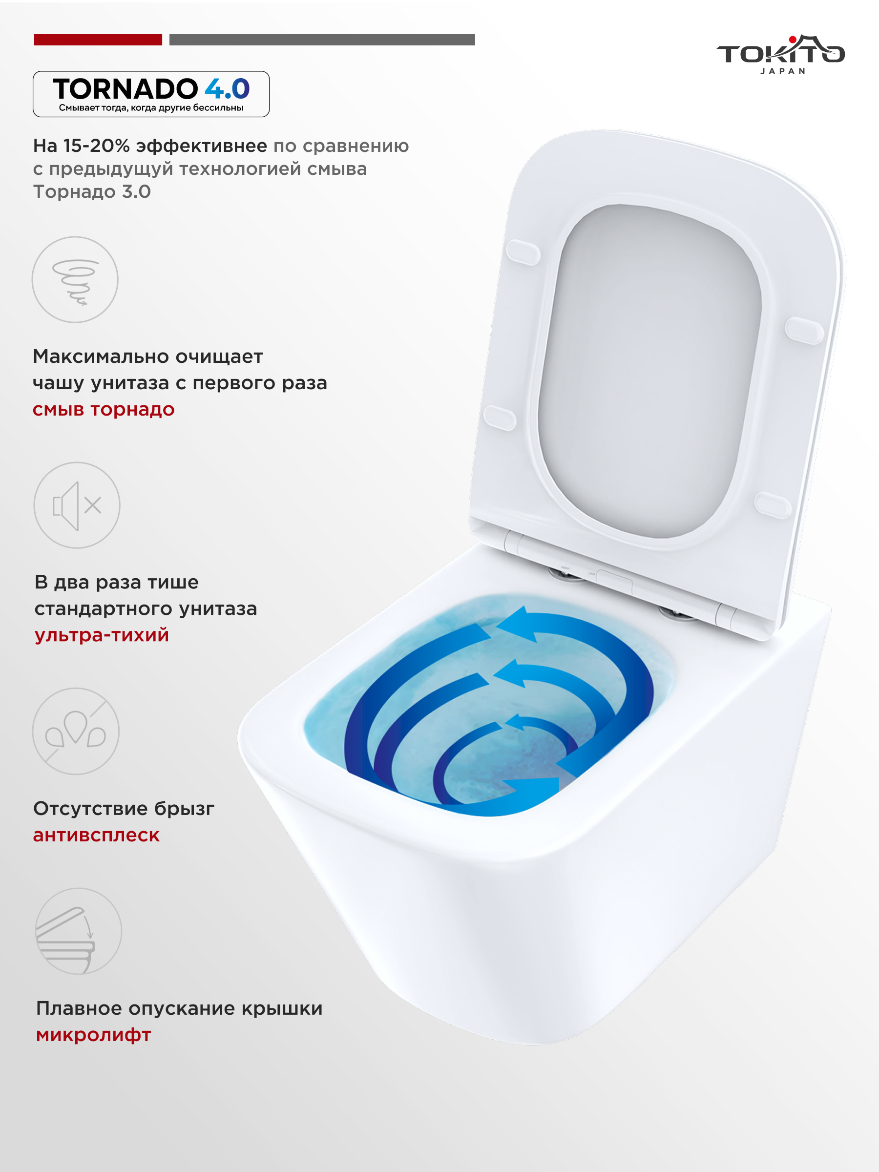 Изображение товара Унитаз подвесной Tokito TOK-TATSUMAKI-4-0SQ безободковый с сиденьем микролифт