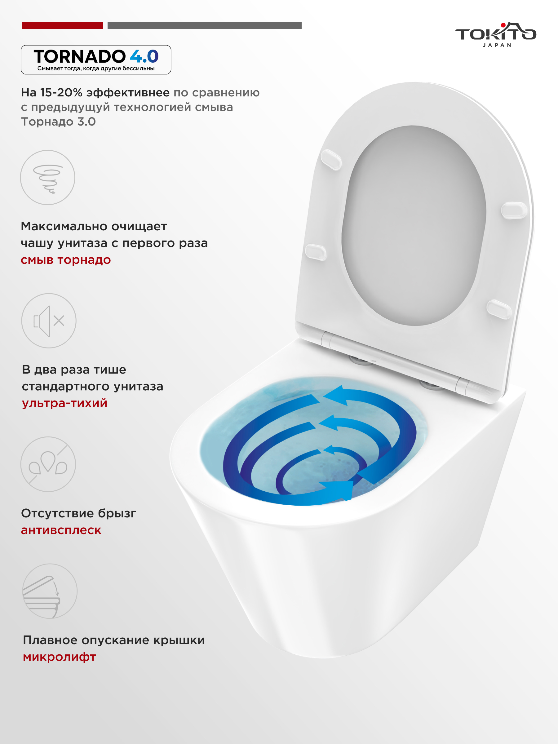 Изображение товара Унитаз подвесной TOKITO TATSUMAKI 4.0 безободковый с сиденьем микролифт