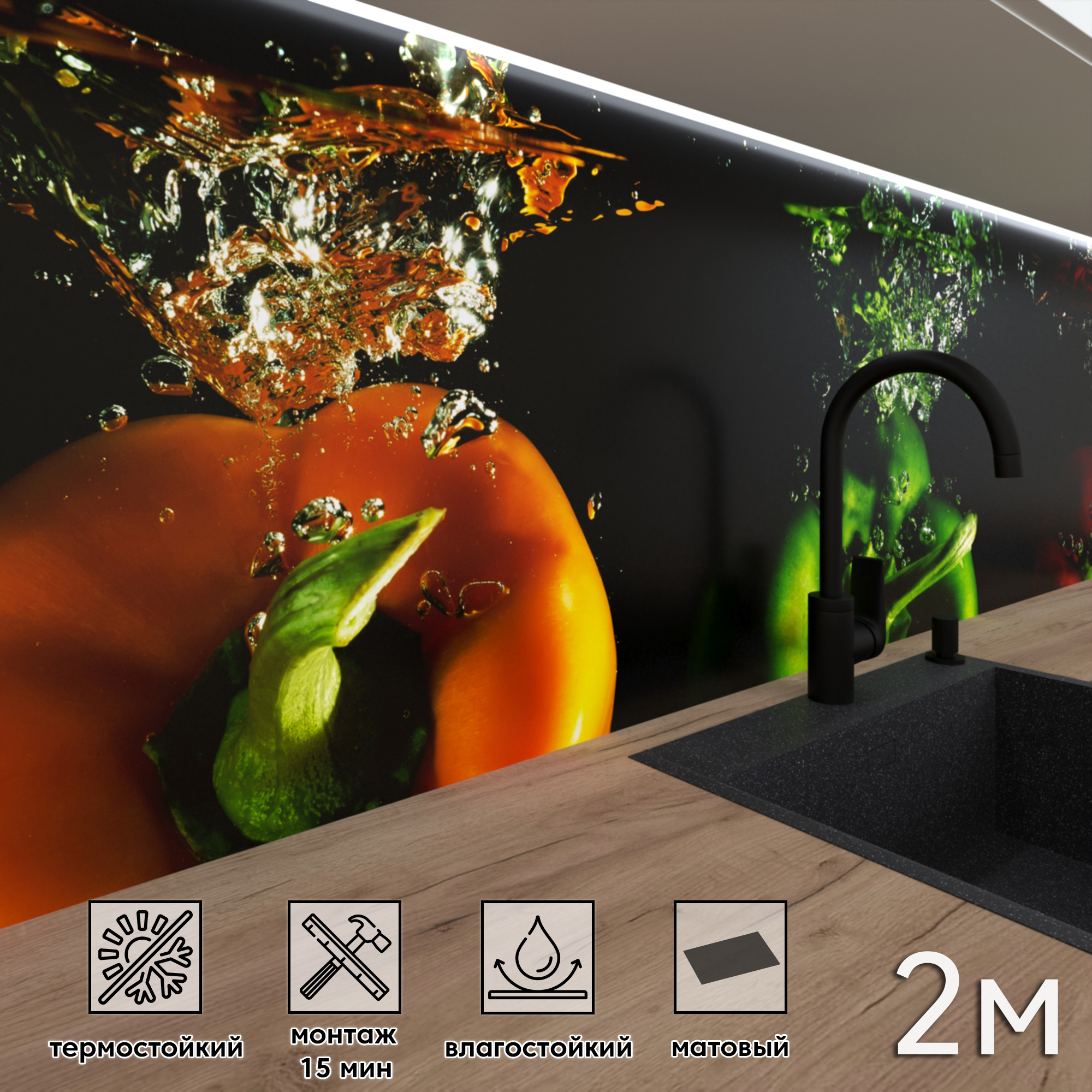 Изображение товара Стеновая панель матовая Фартукофф ФФ - 202 200x60x0.15 см черный зеленый красный ПВХ