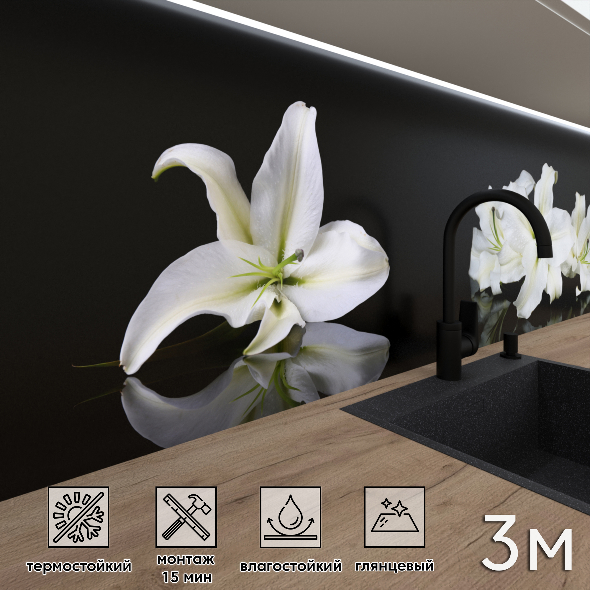 Изображение товара Стеновая панель Фартукофф ФФ - 224 ПВХ белая черная 300x60 см