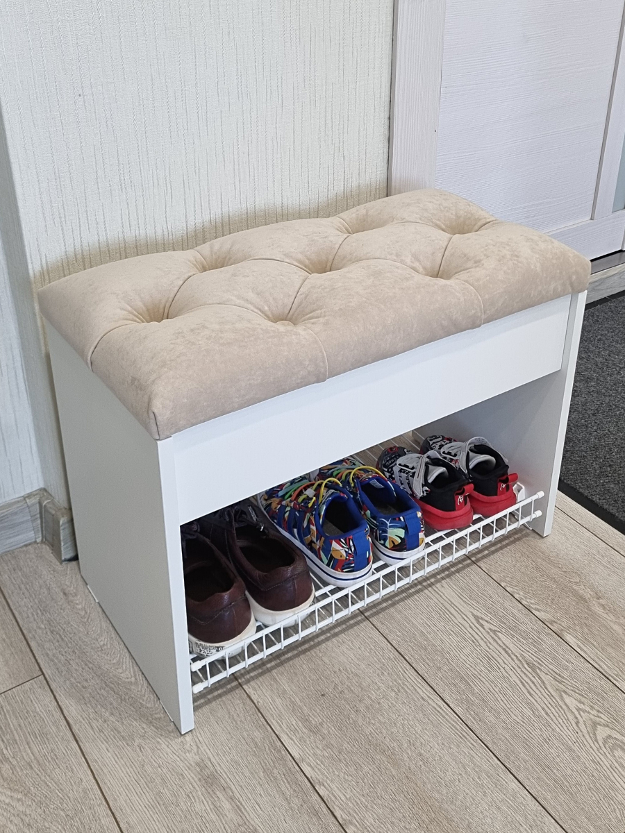 Изображение товара Банкетка Puffsib 61x48x32 см с ящиком и полкой белая бежевый