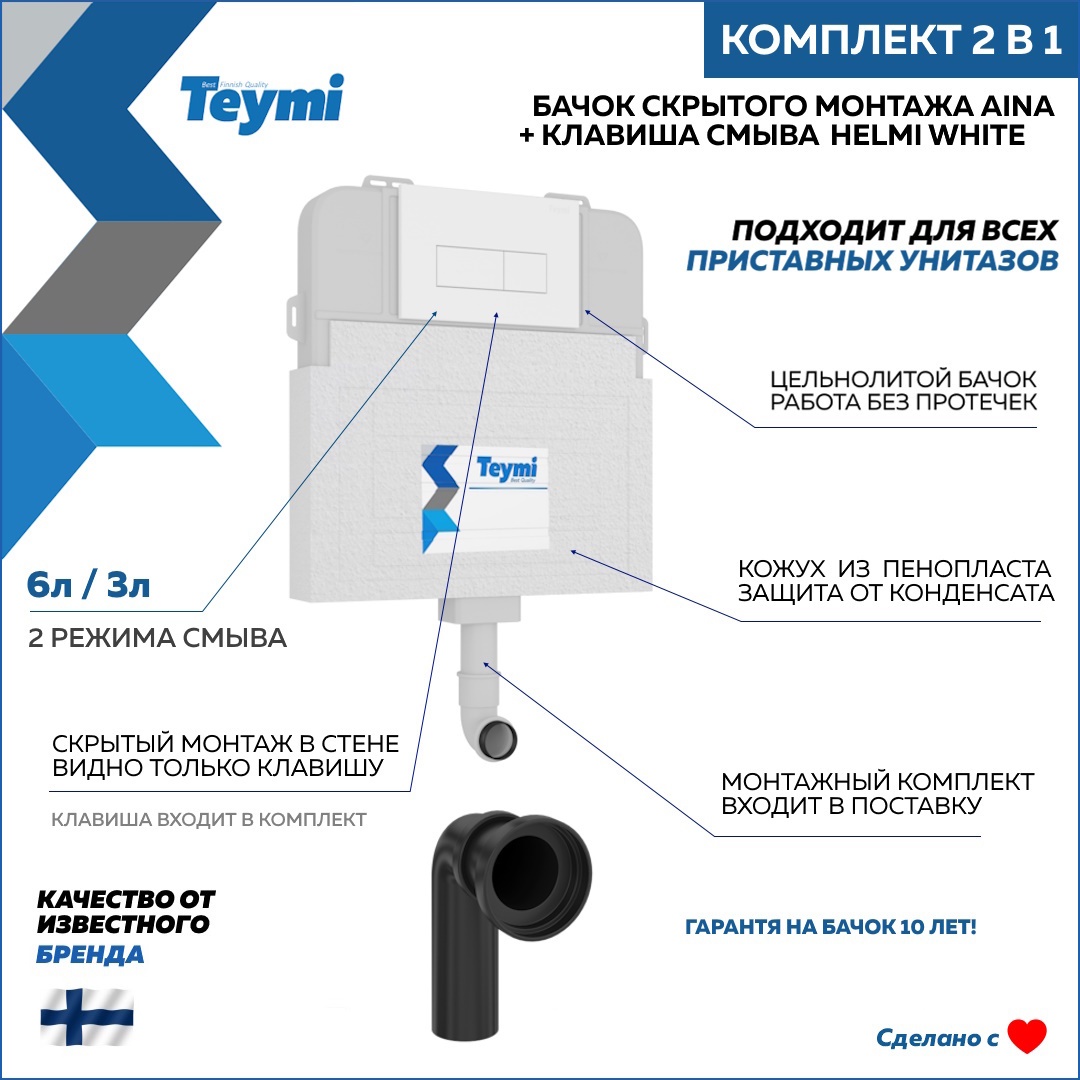 Изображение товара Комплект Teymi Бачок скрытого монтажа Aina и кнопка Helmi белая F00749