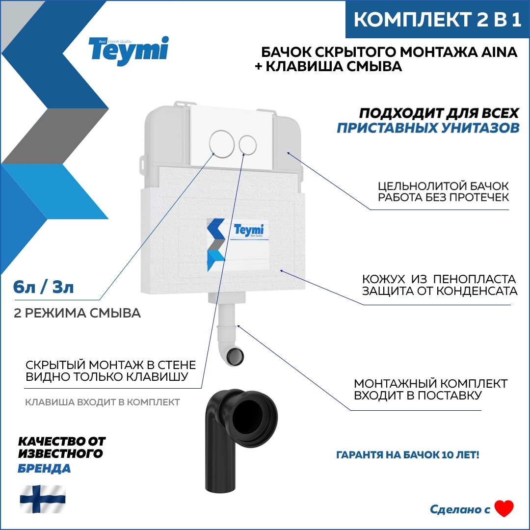 Изображение товара Комплект Teymi F13278 2 в 1: Бачок скрытого монтажа Aina, кнопка Lina Белая окантовка хром