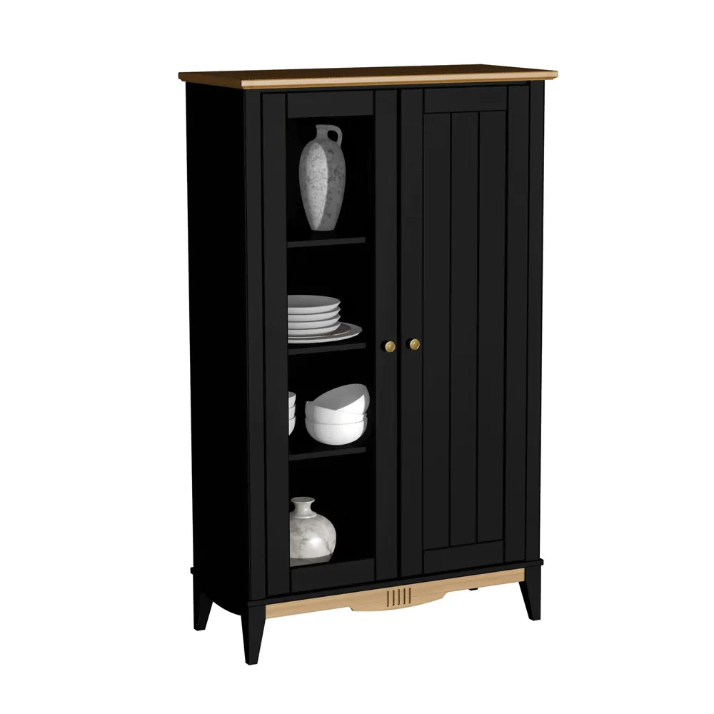 Изображение товара Шкаф-витрина Пенни из сосны черный/антик 94x155 см с стеклом и глухими дверцами