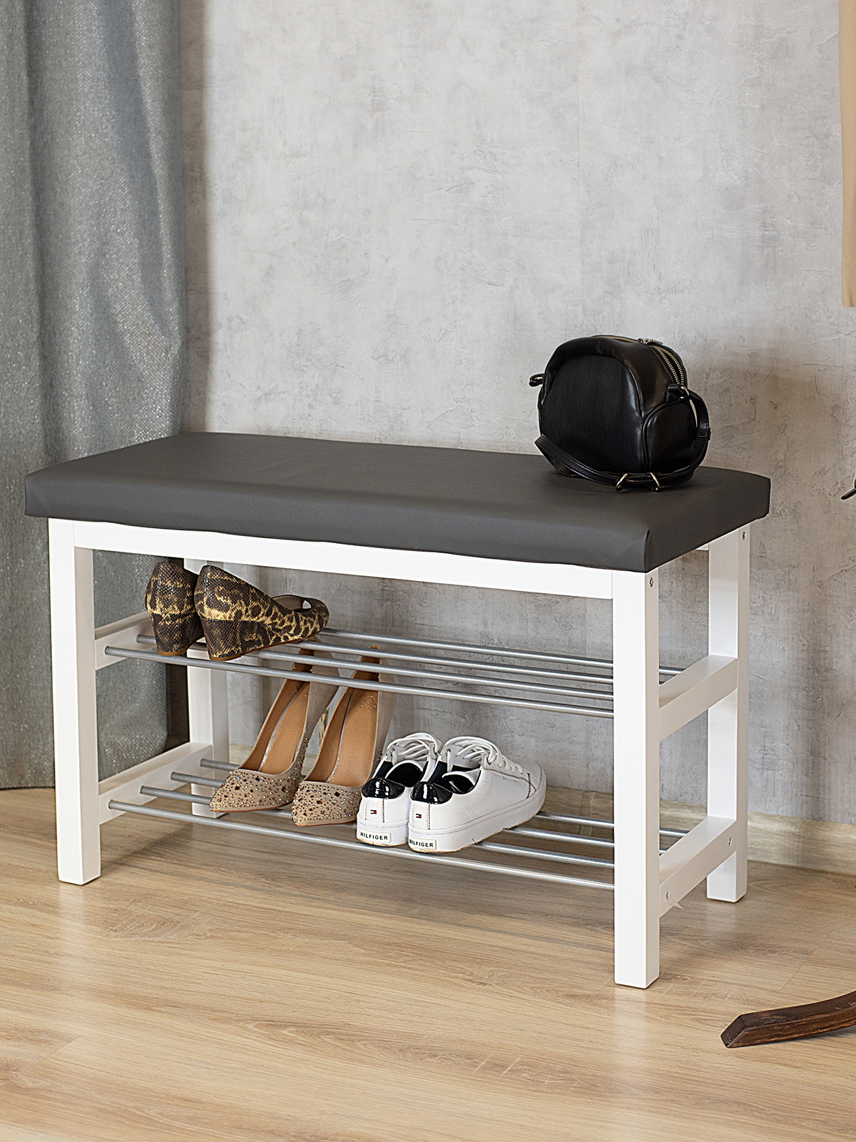 Изображение товара Банкетка Мебелик BeautyStyle 82x49x35 см 2 полки металл цвет белый/серый