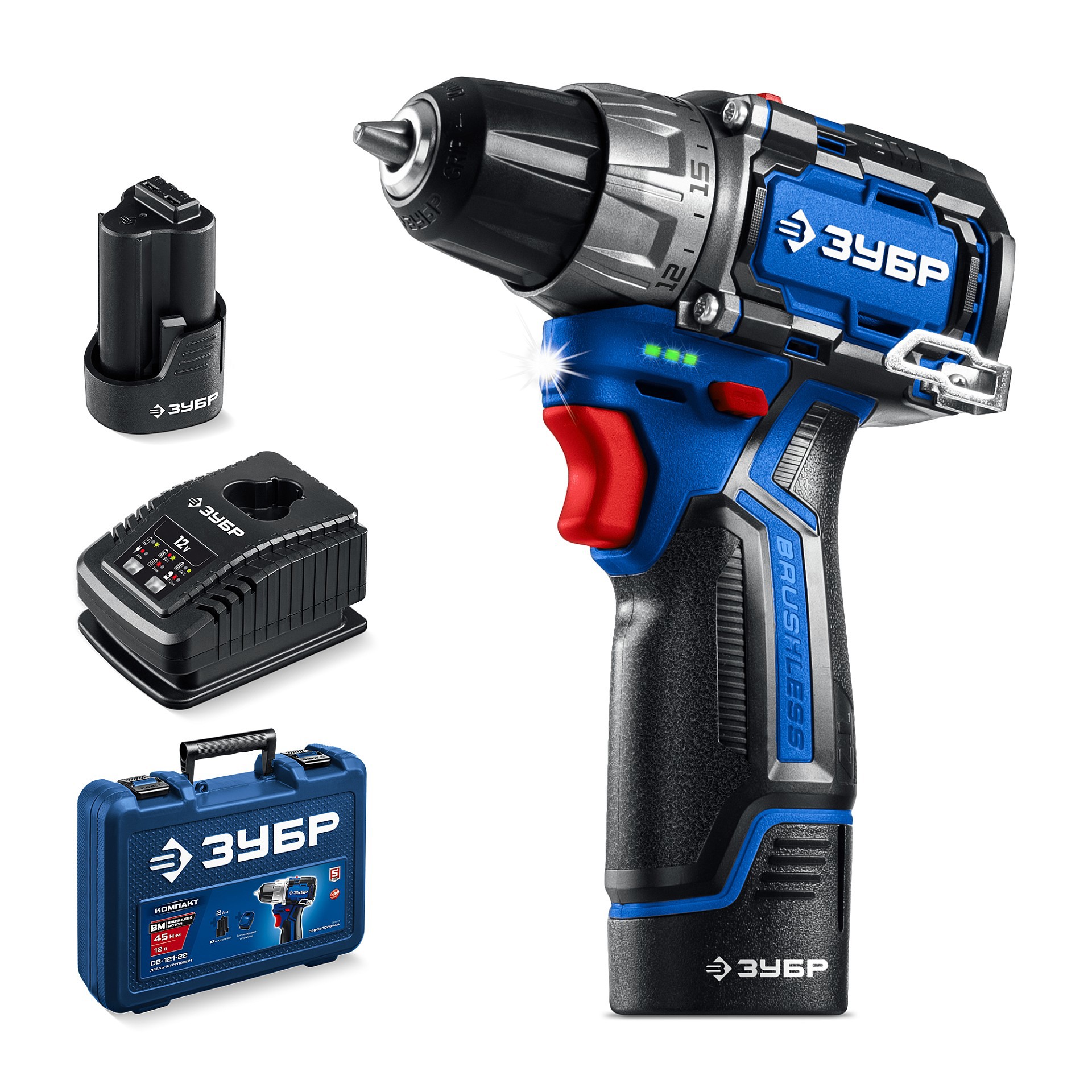 Изображение товара Дрель-шуруповерт аккумуляторная бесщеточная Зубр Профессионал DB-121-22, 12 В Li-Ion 2x2 Ач