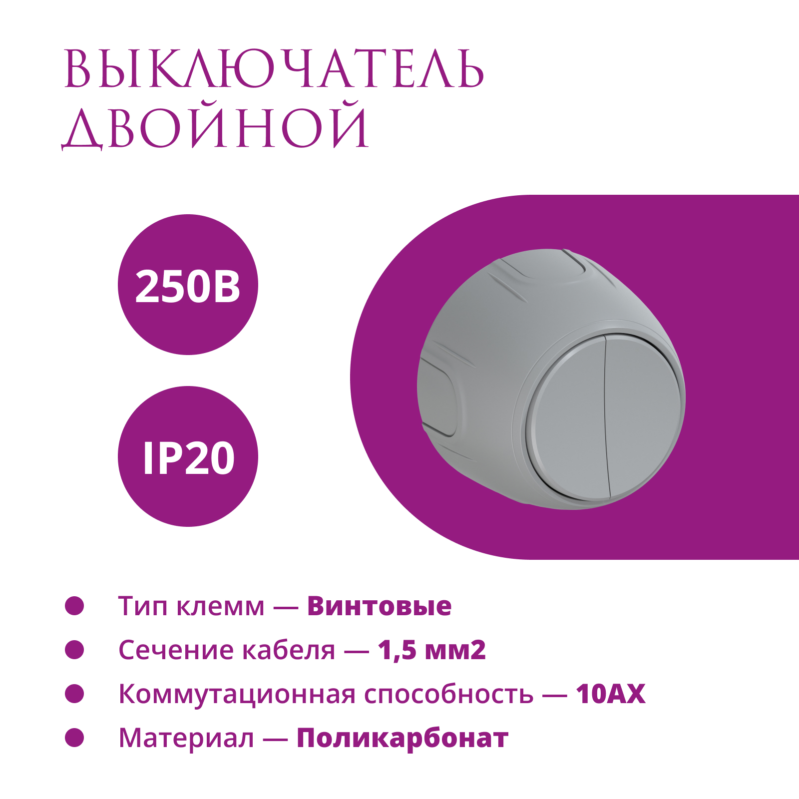 Изображение товара Rotondo 7700854 — двухклавишный накладной выключатель серый 250 В