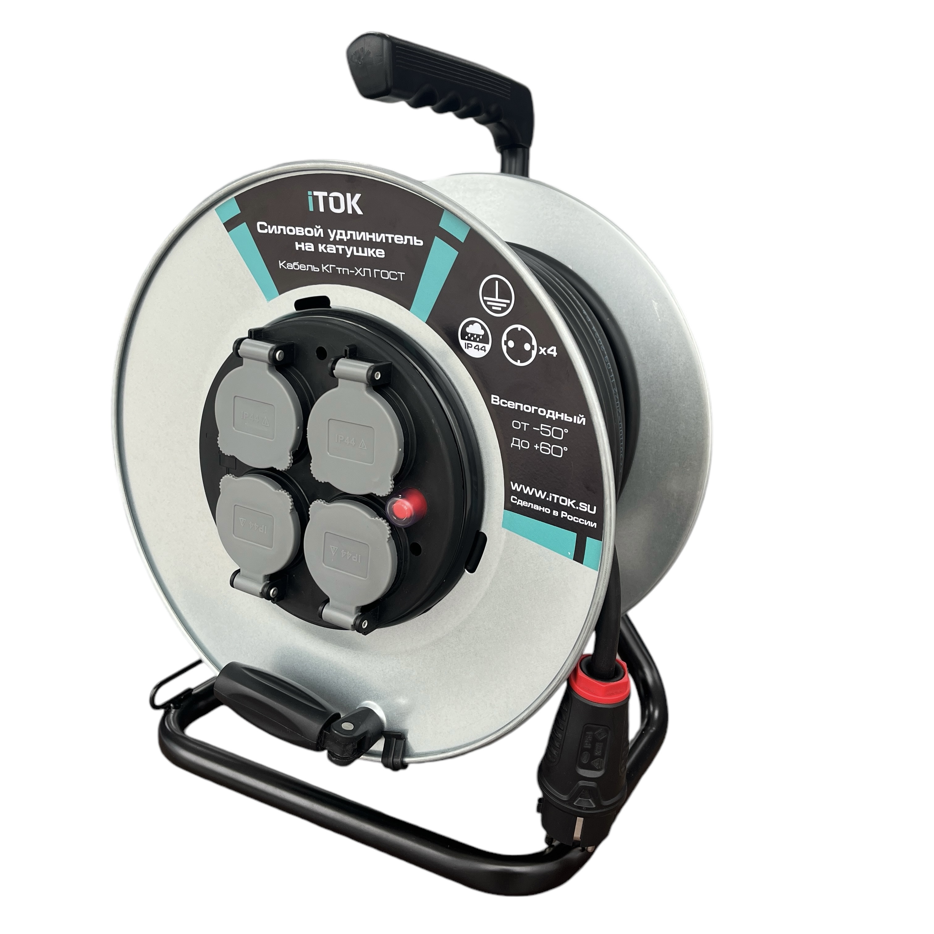 Изображение товара Удлинитель на катушке Itok i-CONNECT-PRO-SUK-M-T-PVS-325-4-44-50 3x2.5 50 м 4 розетки IP44 серый