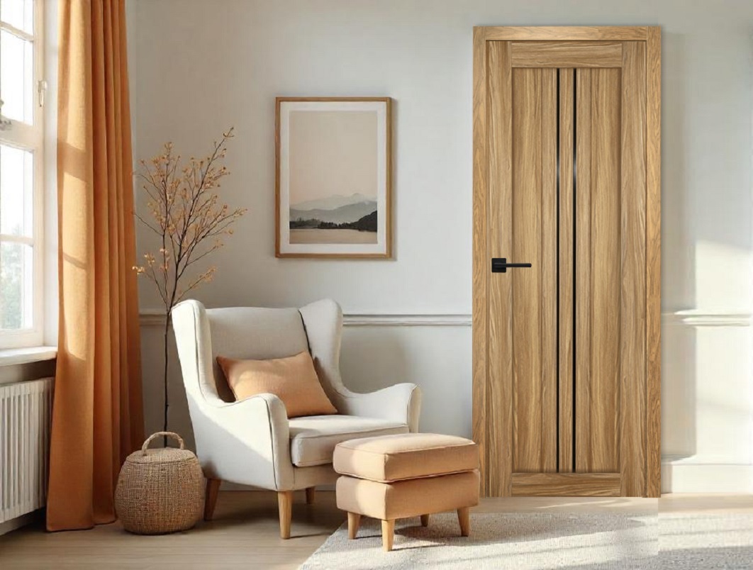 Изображение товара Комплект межкомнатной двери Лесма стиль Рондо с декором глухая 200x60см ПВХ цвет дуб светлый с коробом и наличниками