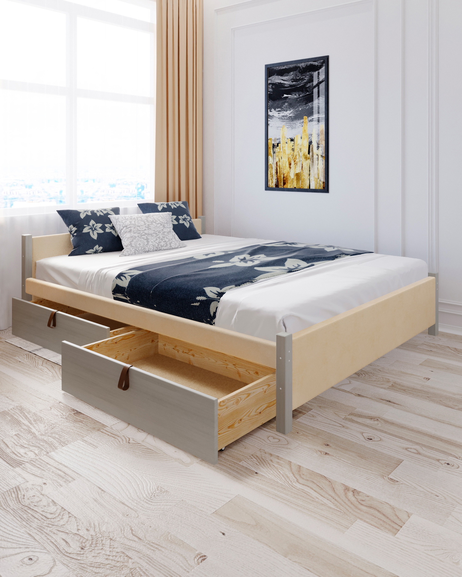 Изображение товара Кровать Solarius Классика с 2 ящиками 150x63x200 см дерево со сплошным основанием цвет бежевый/платиновый