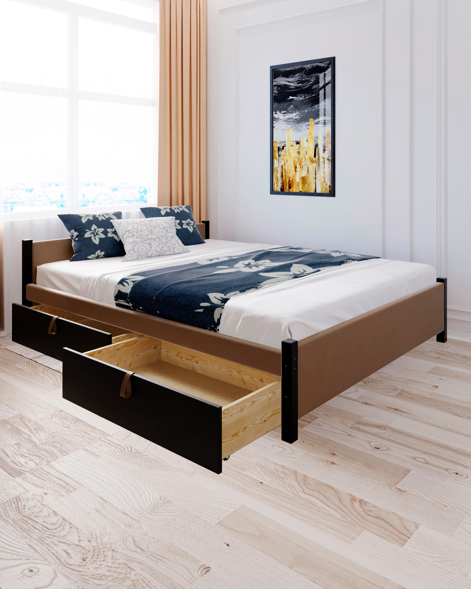 Изображение товара Кровать Solarius Классика с 2 ящиками 150x63x200 см дерево со сплошным основанием цвет коричневый/черный оникс