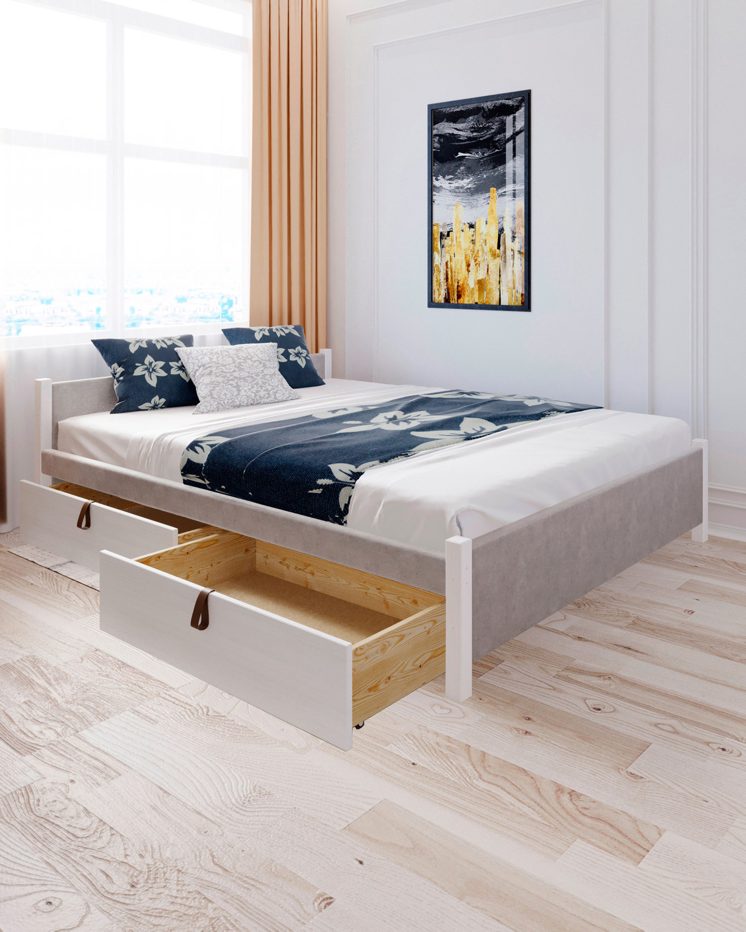 Изображение товара Кровать Solarius Классика с 4 ящиками 130x63x210 см дерево с реечным основанием цвет светло-серый/белый