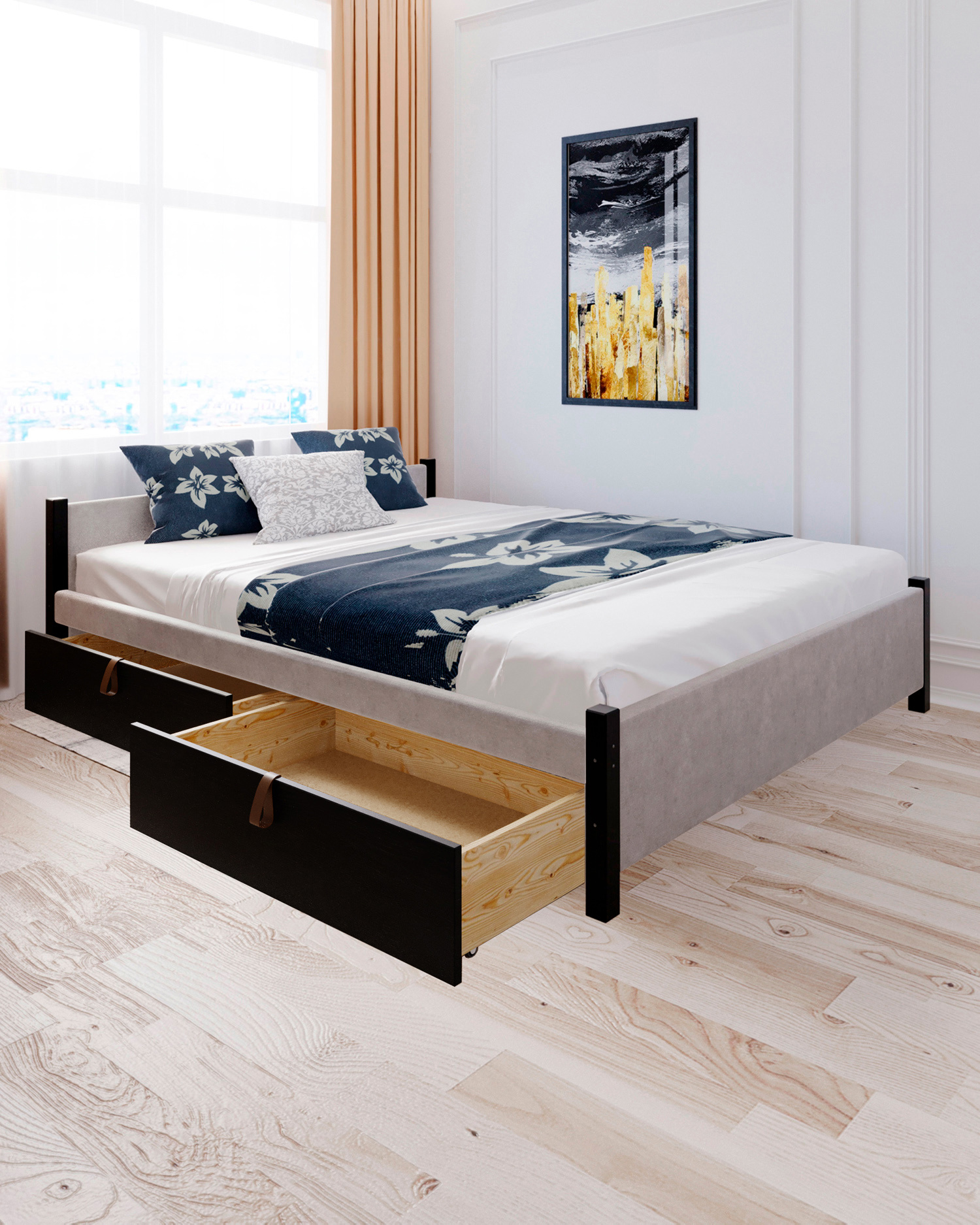 Изображение товара Кровать Solarius Классика с 4 ящиками 150x63x200 см дерево с реечным основанием цвет светло-серый/черный оникс