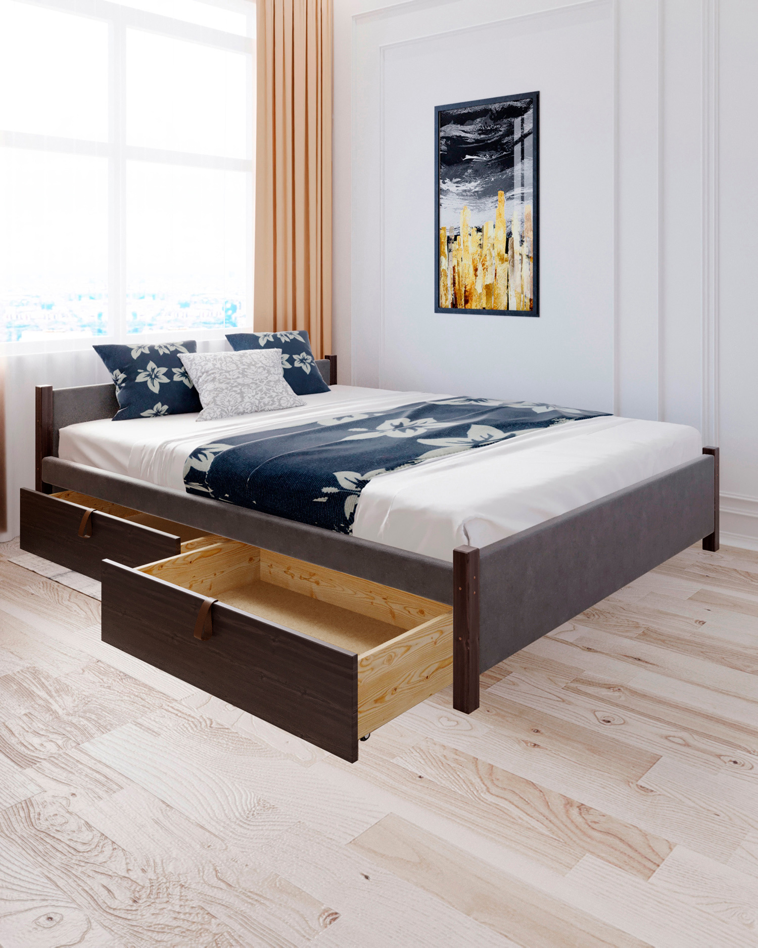 Изображение товара Кровать Solarius Классика с 4 ящиками 130x63x200 см дерево с реечным основанием цвет темно-серый/венге