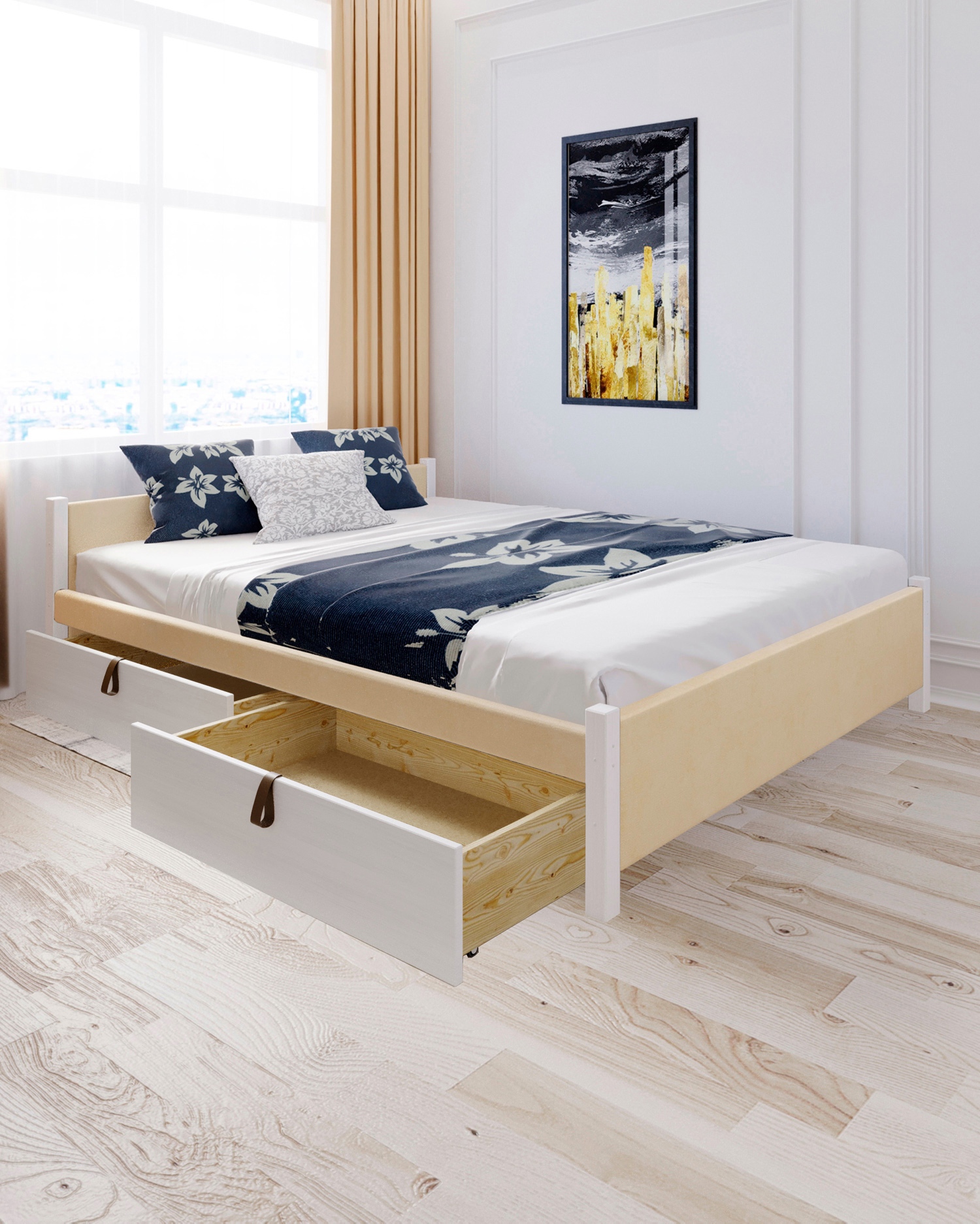 Изображение товара Кровать Solarius Классика с 4 ящиками 130x63x210 см дерево с реечным основанием цвет бежевый/белый