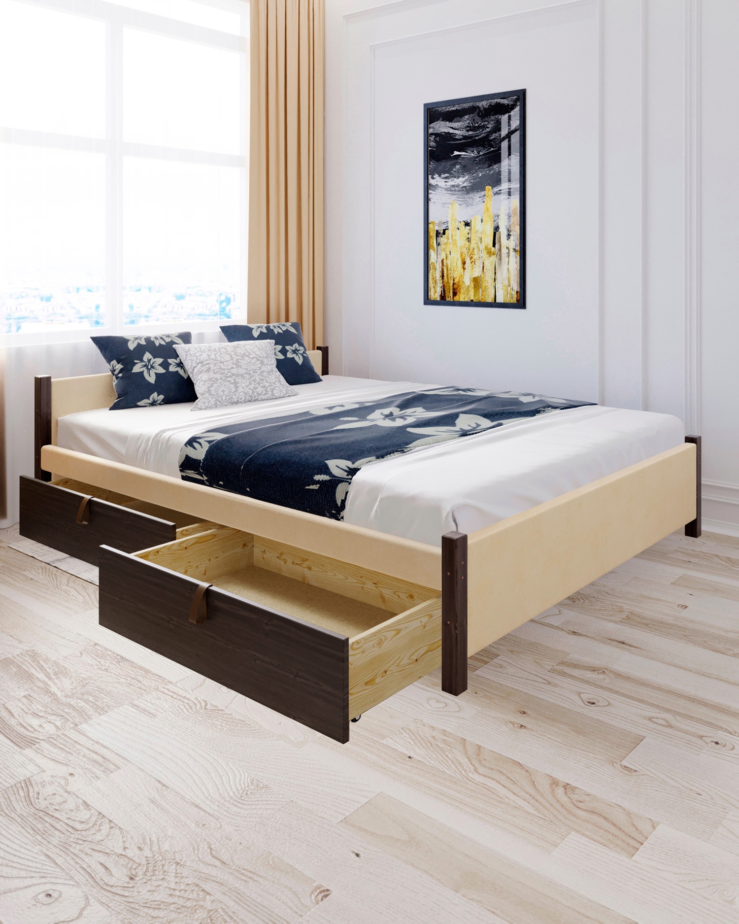 Изображение товара Кровать Solarius Классика с 4 ящиками 150x63x200 см дерево с реечным основанием цвет бежевый/венге