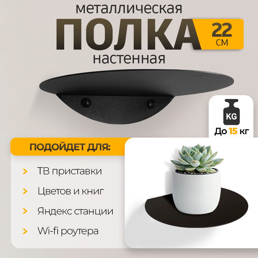 Изображение товара Круглая настенная полка из металла 22 см черный матовый муар стильное решение