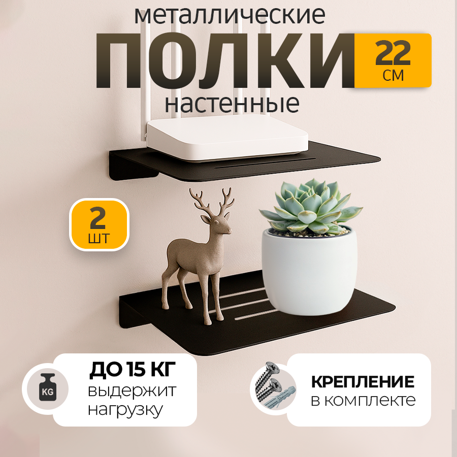 Изображение товара Полка настенная Железное решение 22x17 см металл цвет черный муар 2 шт.