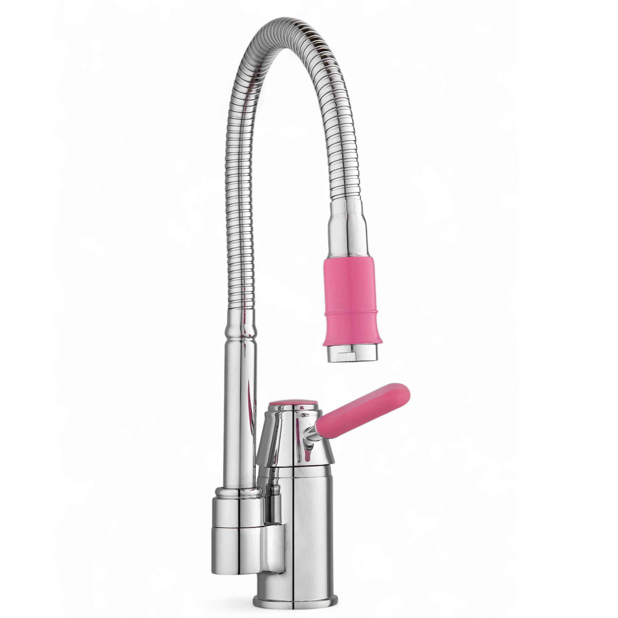 Изображение товара Смеситель для кухни POTATO с гибким армированным изливом хромированный розовая ручка